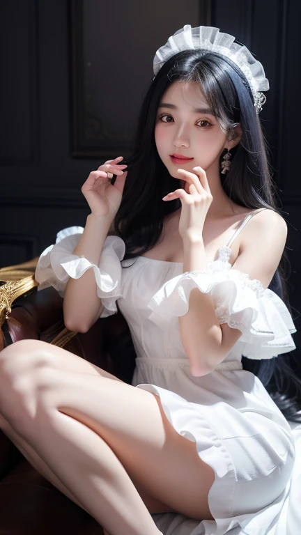 Korean,real, artistic work, Final details, photo real, Complex details, Embodiment of octane, 8k, 1 girl, Full body, Perfect face, east face, nswf, Reference, Hair details,, black Arch, black gloves, Black legs, Blue eyes, Blue hair, Arch, Clavicle, dress, Hair adhesion, Ruffles, Ruffles, gloves, Joanne, headdress, High accuracy, long hair, Parted lips, Puffy sleeves, Purple eyes, He smiles, Single, white dress, oily skin,