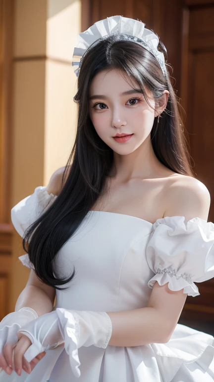 Korean,real, artistic work, Final details, photo real, Complex details, Embodiment of octane, 8k, 1 girl, Full body, Perfect face, east face, nswf, Reference, Hair details,, black Arch, black gloves, Black legs, Blue eyes, Blue hair, Arch, Clavicle, dress, Hair adhesion, Ruffles, Ruffles, gloves, Joanne, headdress, High accuracy, long hair, Parted lips, Puffy sleeves, Purple eyes, He smiles, Single, white dress, oily skin,