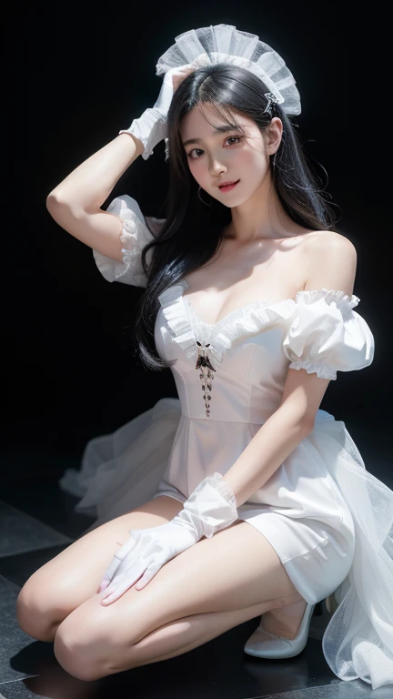 Korean,Realistic, artwork, final detail, photo Realistic, intricate detail, octane rendering, 8K, 1 girl, full body, perfect face, pretty face, nswf, reference, hair detail,, black bow, black gloves, black legs, blue eyes, blue hair, bow, collarbone, dress, sticking hair, ruffles, ruffles, gloves, gwen, headdress, high resolution, long hair, parted lips, puffed sleeves, purple eyes, smile, alone, white dress, oily skin,