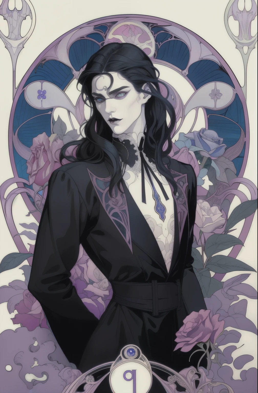 basic Art Nouveau, A beautiful Vampire tarot card with, beautiful femenine man perfect face, young vampire man, (((oval face))), dark clothes, beautiful vampire man, soft and melancholic facial features, delicated man, no wrinkles, no lipstik, effeminate face, gothic style, perfect detailed eyes and face, black hair and blue eyes vampire man, synthwave and Art Nouveau hybrid style, bold and flowing lines, dynamic composition mixing organic Art Nouveau patterns, intricate roses and motifs intertwined with geometric shapes, figure embodying The Vampire with an air of mystique and gothic, commanding yet serene expression, robes adorned with Art Nouveau inspired patterns, digital grid landscapes accented with natural forms, neon-like outline effects reminiscent of stained glass, white background, high contrast for easy coloring, visual clarity, French Art Nouveau, 80's Vaporwave art style. minimalist detail, subtle det
