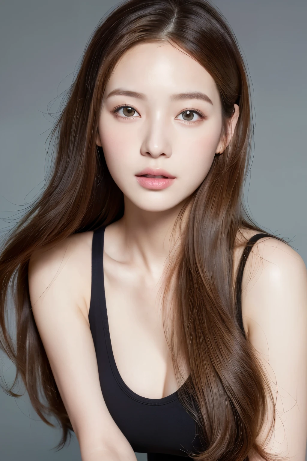 ((Lively, High resolution: 1.3)), A young girl with a perfect body, (Her face and eyes are depicted with utmost detail: 1.3), Long cascading hair of random hues, A fitted random color tank top revealing her cleavage: 1.2, Short jeans accentuating her curves, Big breasts proudly on display.