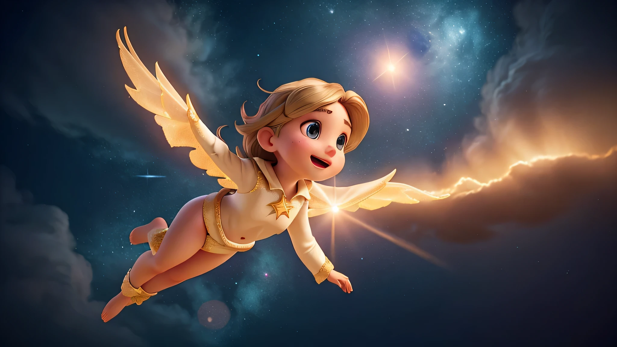 here is a star that is flying in the sky,Glow effects,Dingdall effect,depth of fields,high light,Real light,Ray traching,oc rendered,Hyper-realistic,best qualtiy,8K,Works of masters,super-fine,Detailed pubic hair,Correct anatomy INFO