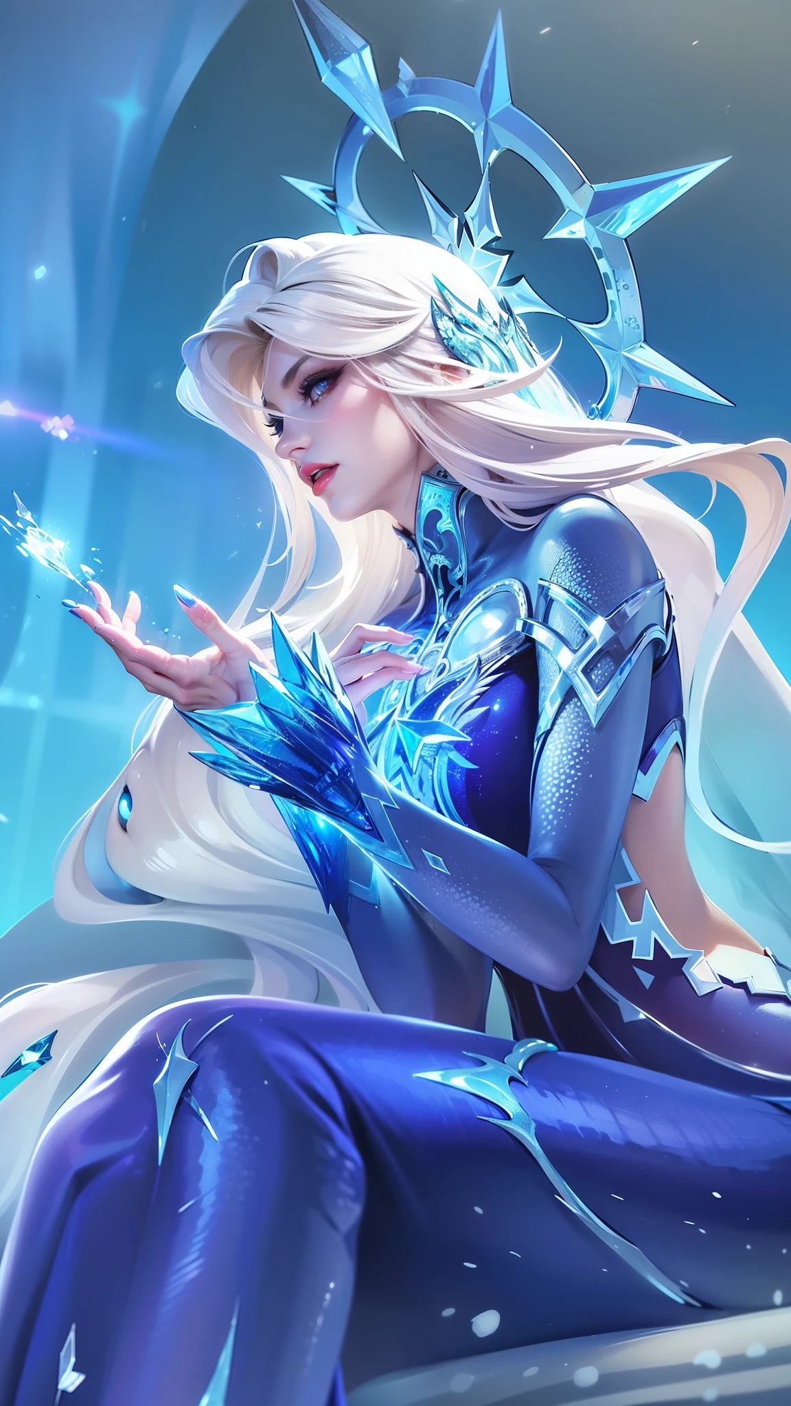 (female:1.2), 8k, ultra hd, ultra detailed texture, hyper realistic, masterpiece, detailed texture, detailed face, detailed skin, detailed lighting, (photorealistic:1.5), best quality, beautiful lighting, cinematic lighting, professional lighting, ultra highres, realistic, detailed hair, real hair, real hand, high quality, (realskin:1.5), extremely detailed, finely detail, ultra-detailed, 1girl, solo, blue eyes, v-shapped eyebrow, lips, red lips, evil smile, nose, make up, pretty, beautiful, long hair, white hair, aurora \(mobile legends\), depth of field, looking viewer, white skin, skin tight, amazing pose, outdoors, glowing, dark view