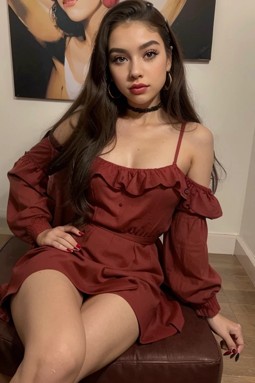 Extremely pretty 15 year old teenage girl with makeup, sentada en una silla de piernas cruzadas, labios detallados y rojos, ojos azules, vestido bonito, pocas pecas, pelo recogido en forma de coleta, fina cadena dorada en el cuello, piel palida, piel suave, pendientes, red painted nails, black eyelashes, labios rojos