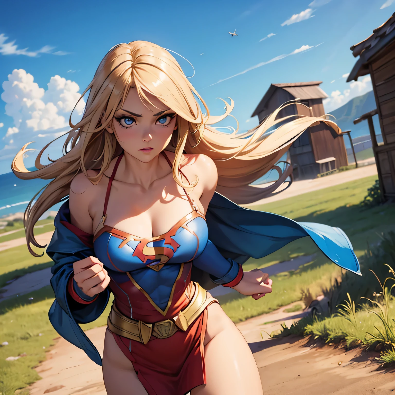 best quality, ultra-detailed, masterpiece, fine details, high res, 8k wallpaper, best quality, highres, cowboy shot, supergirl, spaghetti strap top, dynamic action, flying, doing superhero stuff, superhero, beautiful girl, woman, solo, fly, sky, cloudy sky, (cute:1.3), realistic, (cute), (detailed face), detailed eyes, detailed iris, detailed skin, masterpiece, professional photoshoot, perfect face, spaghetti strap top