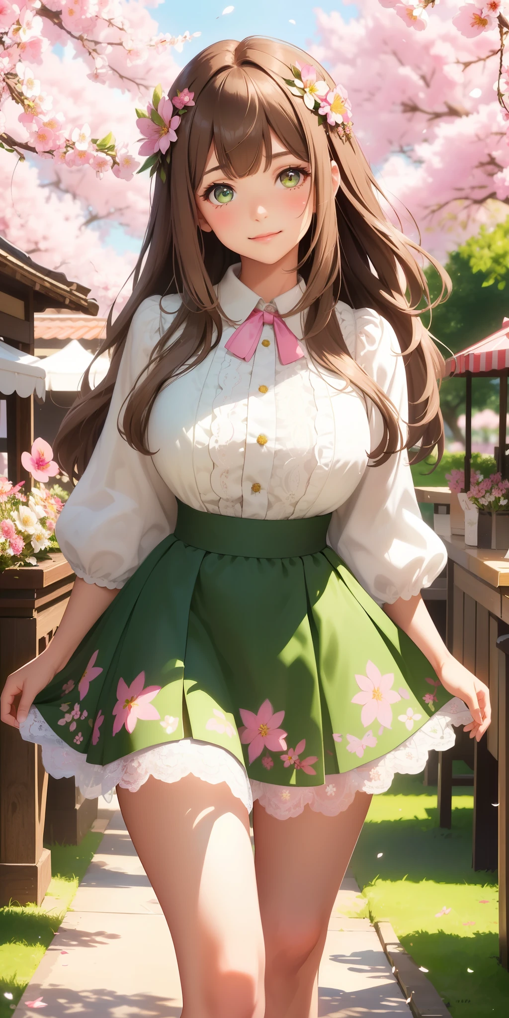 ((1 25 year old girl))), big breasts, solo, (((long light brown hair with bangs))), extremely sexy body, green eyes, (beautiful flower skirt dress, white stockings, lace), look at the viewer, shy smile, elegant, extremely detailed, pink lips, shy, feminine charm, beautiful night, tree, branch, cherry blossoms, butterfly, amusement stalls, depth of field