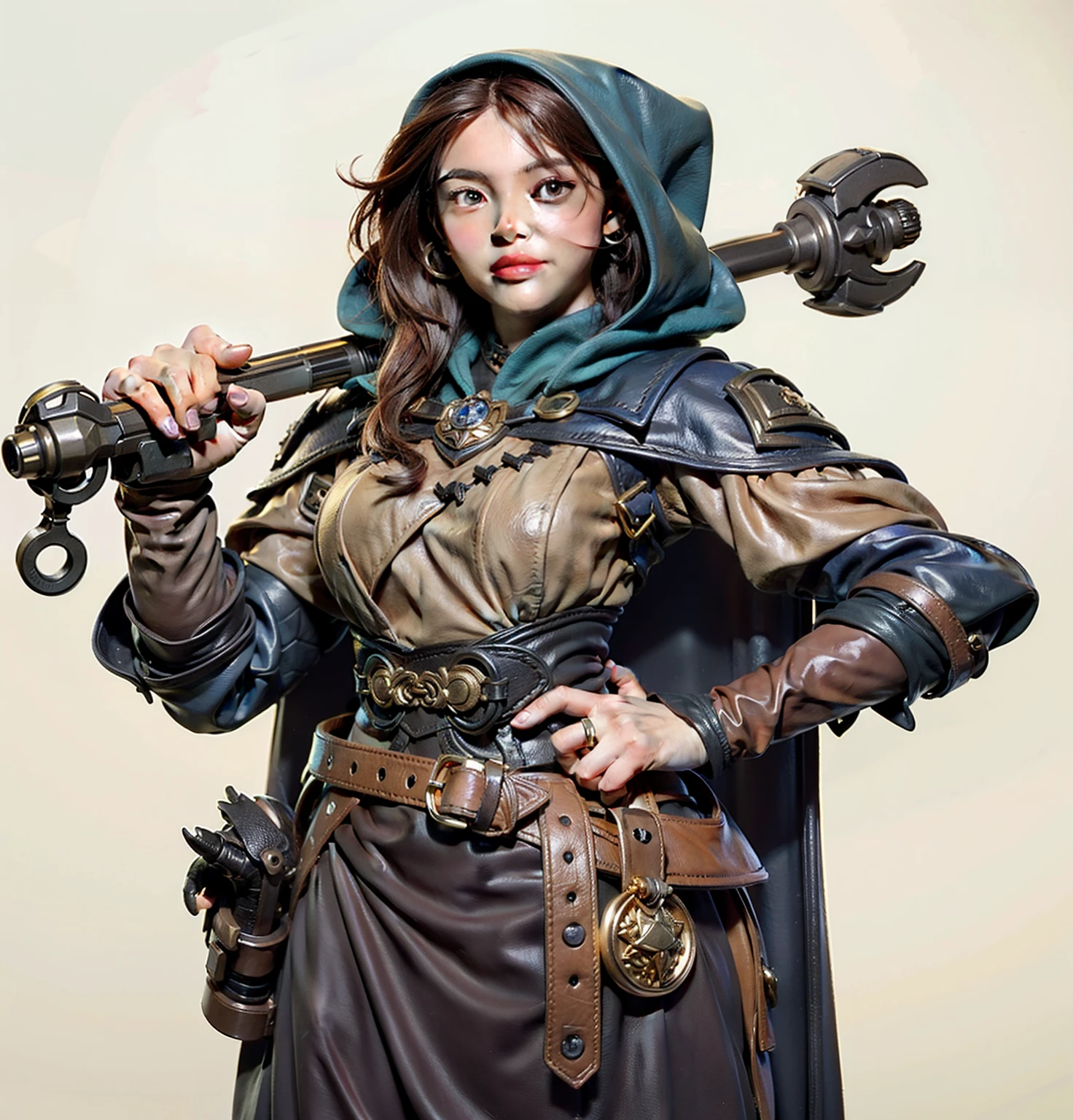 a close up of a person holding a gun and a knife, in the style of hyper realistic,rpg character, fantasy d&d character, great character design, rpg character,detailed character art, stunning character art, rpg character concept art, d & d fantasy character, female mage!, as a d & d character, character design art, as a dnd character