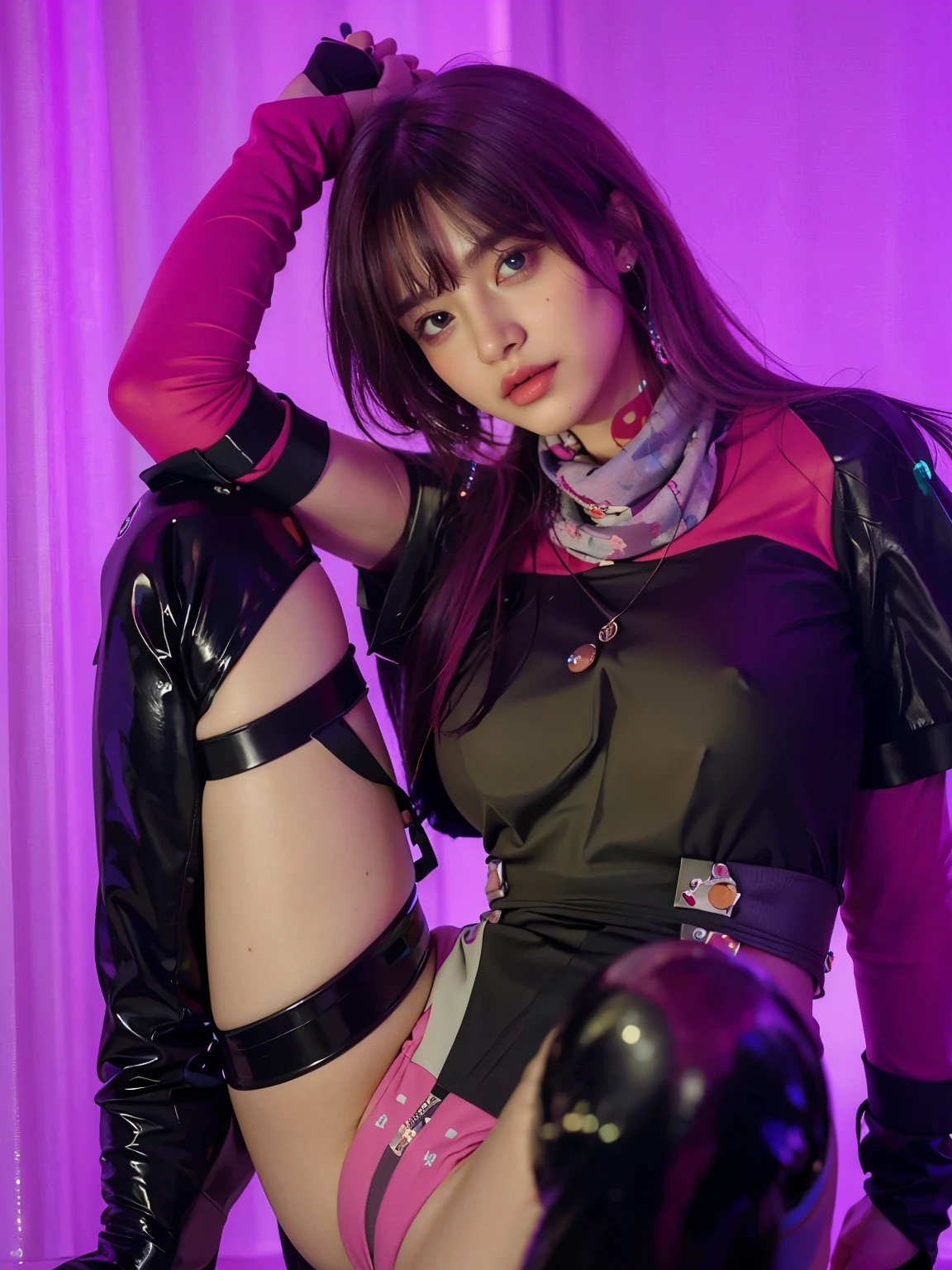 (photorealistic:1.4), best quality, masterpiece, ultra high res, 1girl, (detailed face:1.2), (detailed eyes:1.2), (detailed hair:1.2), (detailed clothes:1.2), 4k, (detailed color:1.2), Ultra detail texture, ulta detail, ultra hight, realistic, 16k, perfect body, bobs, full body, 1 woman, bokeh, detail eyes, detail face, black hair, scarf