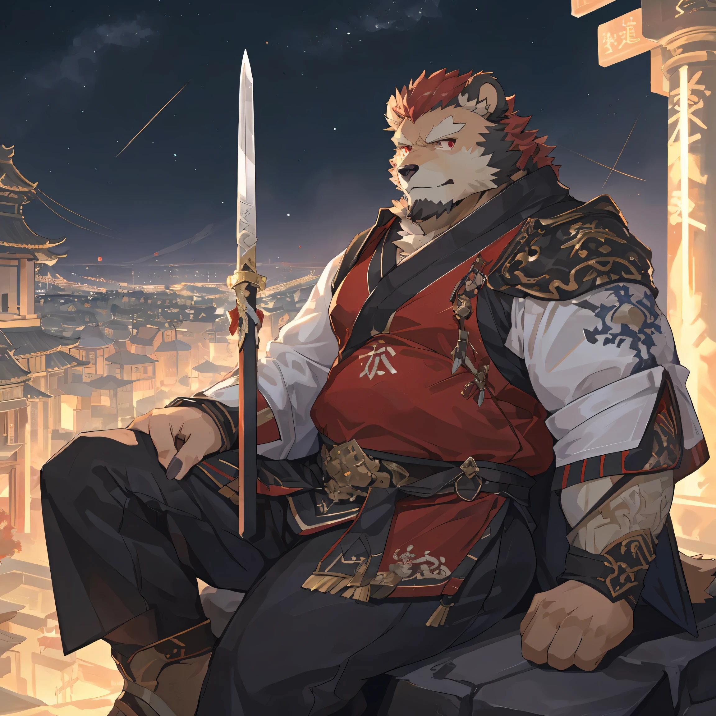 (polar bear),(赤红流火General战袍),Holding a long sword,坚Strong姿态,Sitting calmly on the edge of the cliff,(The brightly lit city is in the background.:1.2),abdominal muscles,heroic posture飒爽,完美的masterpiece,Various facial details,distance perspective,specific description,masterpiece,CG,(Red eyes),dark red pattern,Crimson tail,General,heroic posture,Huge bear,light gray fur,specific facial details,Half body,(赤红General战履),(Chang Ling),((middle aged)),(Face focus),(16K),HD,Abdomen red and white,temple,beard,(Noodles),different students,(Crimson ancient tabard),(dark red hair),Strong,muscle,(High resolution:1.3),(Sitting on the edge of the cliff watching thousands of lights)