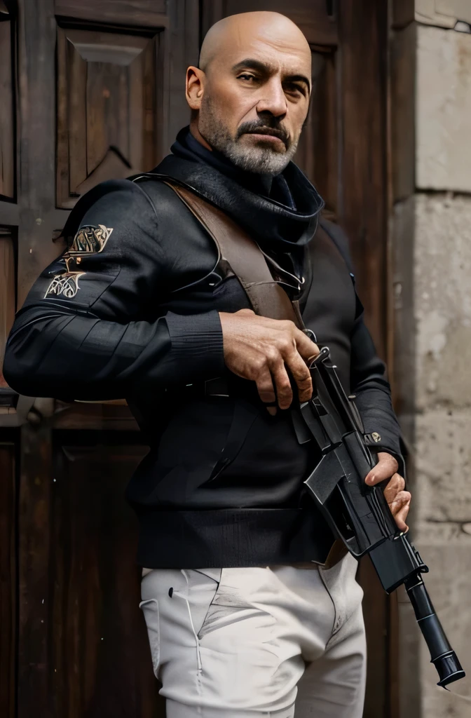 homem careca, pouco cabelo com entradas grandes, barba em um tamanho medio, atirador de elite com uma arma beretta 9m com silenciador, rico em detalhes, foto cinematografica com fundo infinito preto 100% 8K Ultra-HD
