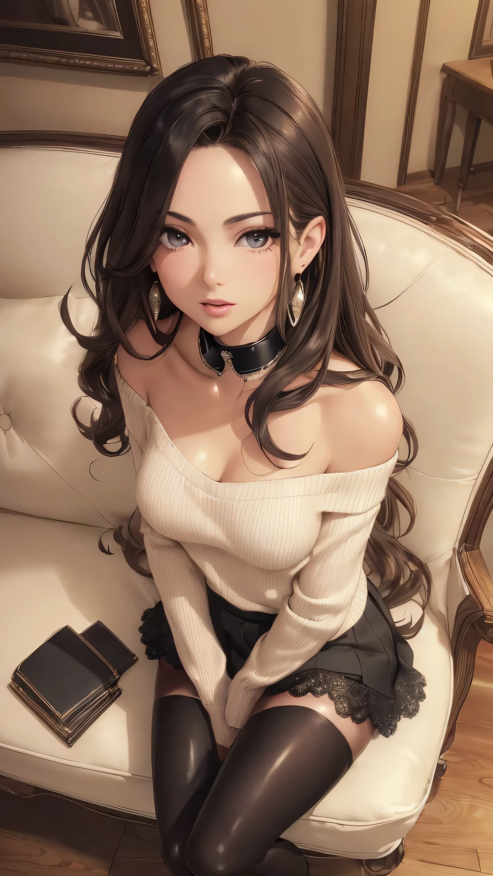 (((ultra high definition))), masterpiece, best quality, 8K, Accurate description, Carefully painted, Meticulous details, ((In a classic coffee shop, Long dining table, Sit on a sofa chair)), a japanese girl, White skin, perfect face, (light brown, blowing in the wind, Extra long curly hair), ((cute look)), Detailed depiction of facial features, blue shining eyes, long eyelashes, double eyelids, Exquisite makeup, pink moist shiny lips, Shiny earrings, Shy, blush, close eyes, open mouth kiss, ((Mature and sexy figure)), Beautiful body, perfect body structure, side boob, small breasts, ((Oversized light color loose collar sweater, Show one shoulder, Open collar)), (((Black)))Delicate lace and gorgeous lingerie, split, (Dark skirt, dark stockings, boots), (welcome with raised hands), (Perfectly detailed hand-drawn renderings), (Slender smooth legs), complete feet, movie lighting, High contrast backlight, transparency, Cinematic feel, perfect composition, ((full body image)), Rich environmental details, Prominent theme, Overall exposure -1