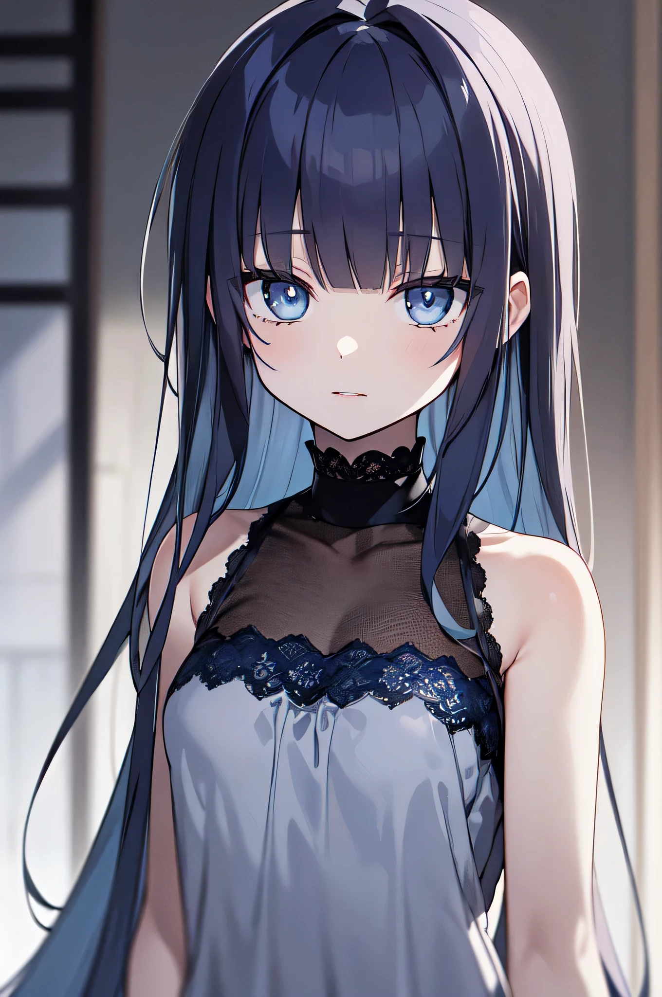 ((dark blue hair)), ((with bangs)),  (long hair), (silky hair), pale grey eyes, grey-blue eyes, (gothic nightgown dress), (depth of field), ((beautiful detailed eyes)), (minato arisato), (makoto yuki)