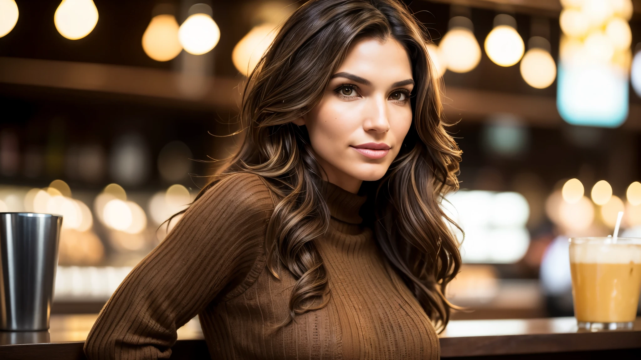(wavy brunette perfect body Juliana Harkavy), (medium hair length), wearing (brown sweater dress), pose with a smirk, feminine fit detailed body and face and skin pores, highly detailed expressive, space above head, depth of field, skin details, caffe day lights, ultra realistic, cinematic