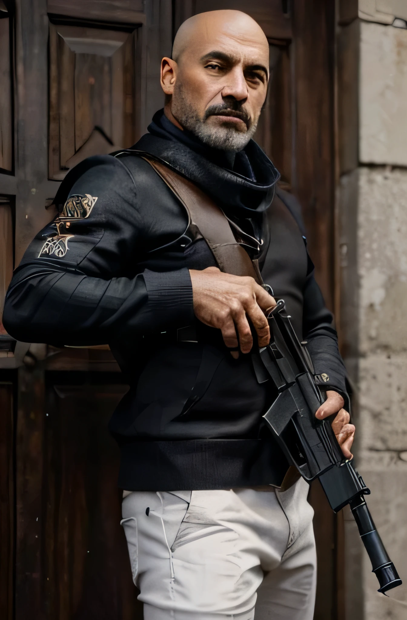 homem careca, pouco cabelo com entradas grandes, barba em um tamanho medio, atirador de elite com uma arma beretta 9m com silenciador, rico em detalhes, foto cinematografica com fundo infinito preto 100% 8K Ultra-HD
