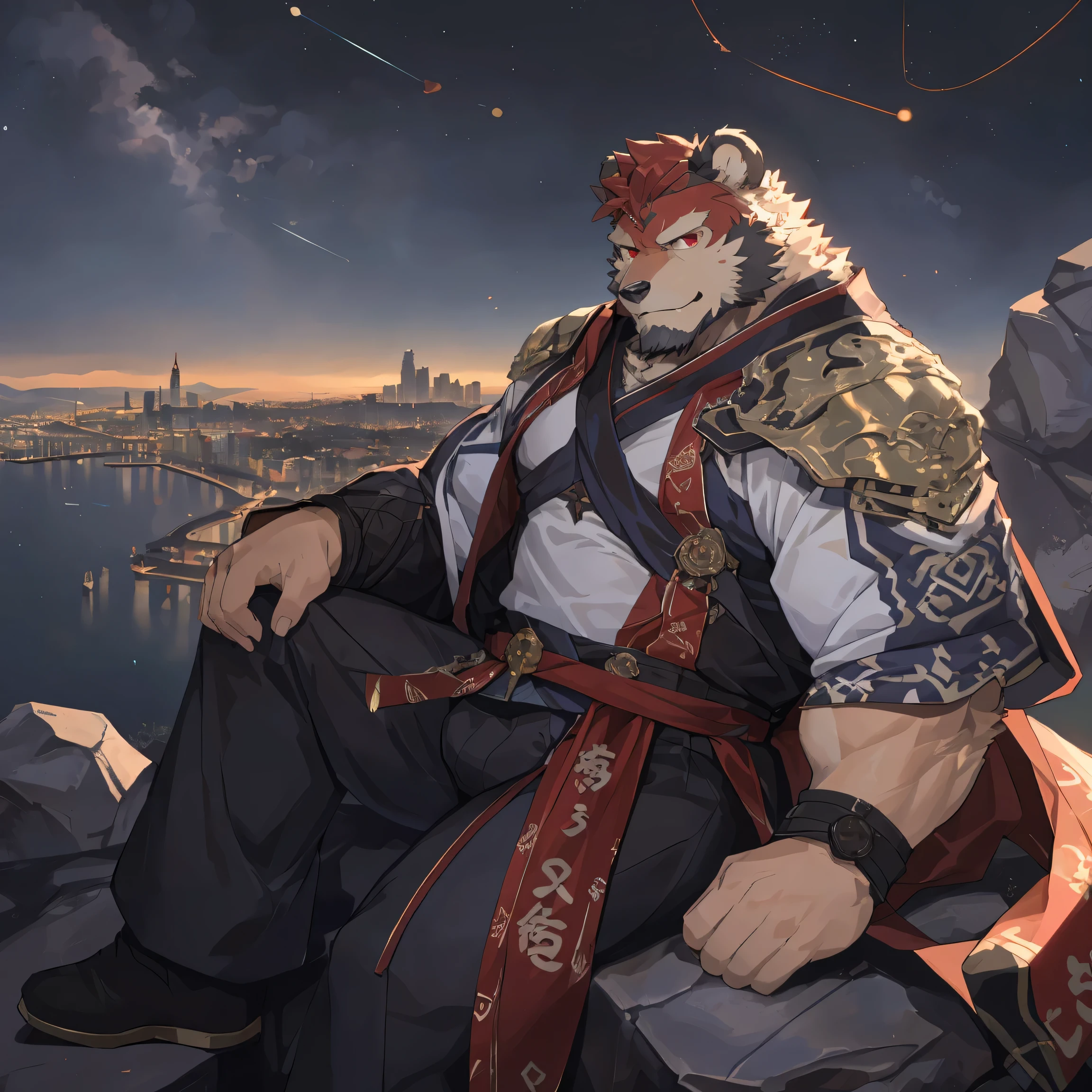 (polar bear),(赤红流火General战袍),Holding a long sword,坚Strong姿态,Sitting calmly on the edge of the cliff,(The brightly lit city is in the background.:1.2),abdominal muscles,heroic posture飒爽,完美的masterpiece,Various facial details,distance perspective,specific description,masterpiece,CG,(Red eyes),dark red pattern,Crimson tail,General,heroic posture,Huge bear,light gray fur,specific facial details,Half body,(赤红General战履),(Chang Ling),((middle aged)),(Face focus),(16K),HD,Abdomen red and white,temple,beard,(Noodles),different students,(Crimson ancient tabard),(dark red hair),Strong,muscle,(High resolution:1.3),(Sitting on the edge of the cliff watching thousands of lights)