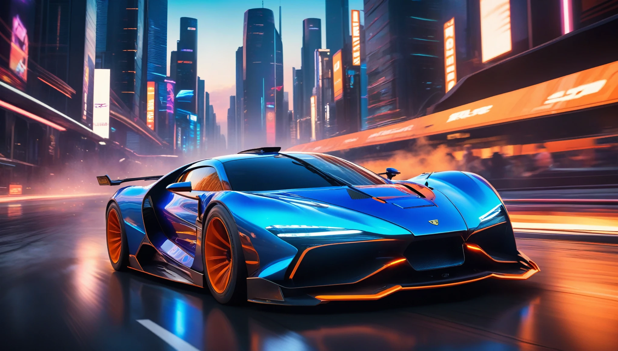 (best quality,4k,8k,highres,masterpiece:1.2),ultra-detailed,(realistic,photorealistic,photo-realistic:1.37),futuristic racing car,advanced aerodynamic design,hyperspeed,powerful engine,streamlined body,smooth curves, reflective metallic surface,glossy finish,chrome accents,impressive angular headlights,sleek taillights, integrated armor plates,reinforced carbon fiber body,protective shields,titanium reinforcements, mounted heavy artillery guns,lethal firepower,laser targeting system,missile launchers,weaponized upgrades, fast and furious,adrenaline-pumping,explosive action-packed race,chaotic death race, flying debris and sparks,blazing trails of fire,screeching tires,smoke and dust, high-tech digital dashboard,driver's cockpit with holographic displays,advanced navigation system, intense competition among skilled racers,aggressive overtakes and daring maneuvers, futuristic cityscape in the background,bright neon lights,towering skyscrapers,hovering drones, dramatic lighting effects,illuminating the car's sleek silhouette,glowing exhausts, vivid colors,pulsating energy radiating from the car,neon blue and vibrant orange hues, captivating sci-fi atmosphere,immersive and visually stunning race experience.