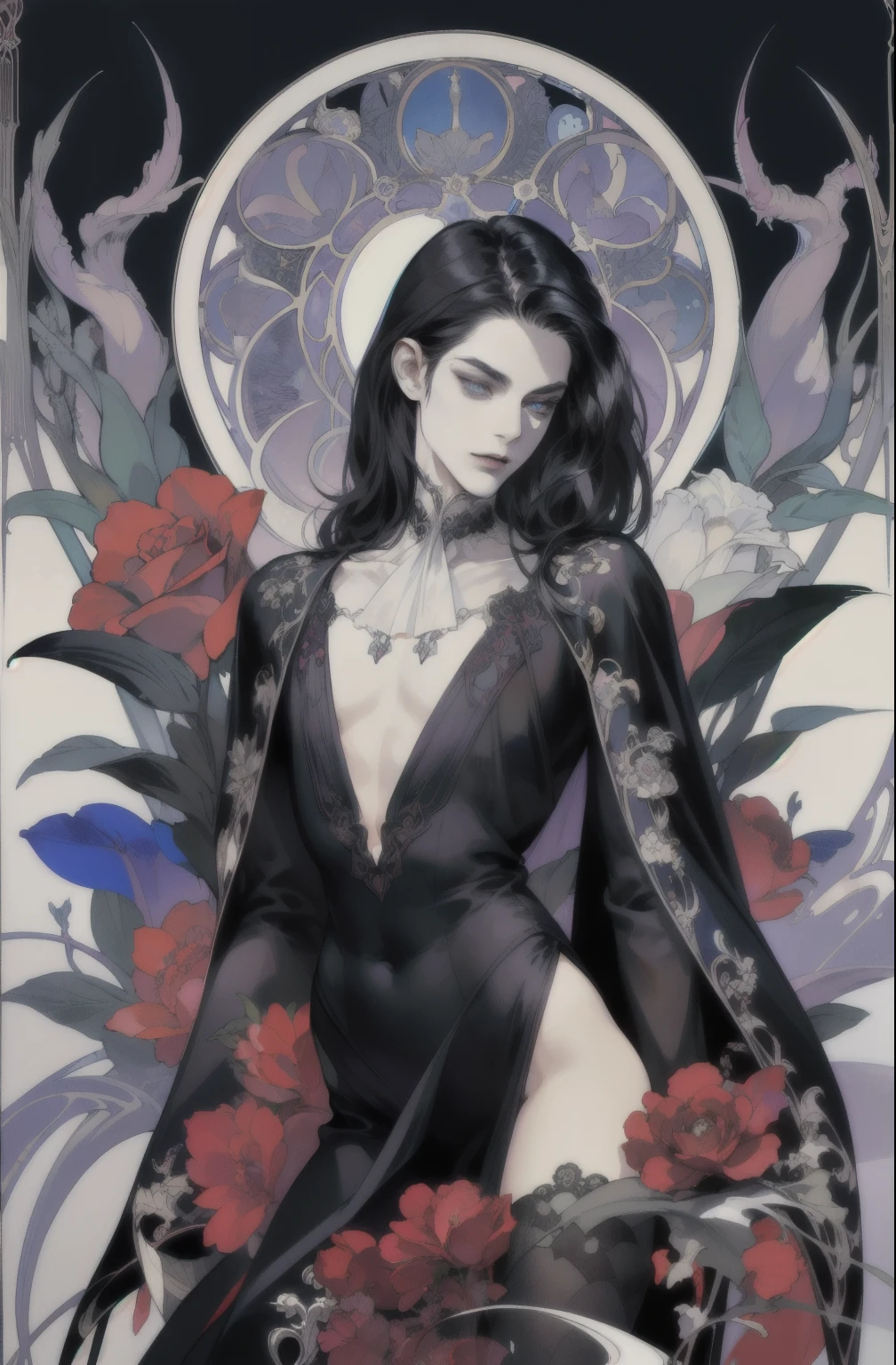basic Art Nouveau, A beautiful Vampire tarot card with, beautiful femenine man perfect face, young vampire man, (((oval face))), dark clothes, beautiful vampire man, soft and melancholic facial features, delicated man, no wrinkles, no lipstik, effeminate face, gothic style, perfect detailed eyes and face, black hair and blue eyes vampire man, synthwave and Art Nouveau hybrid style, bold and flowing lines, dynamic composition mixing organic Art Nouveau patterns, intricate roses and motifs intertwined with geometric shapes, figure embodying The Vampire with an air of mystique and gothic, commanding yet serene expression, robes adorned with Art Nouveau inspired patterns, digital grid landscapes accented with natural forms, neon-like outline effects reminiscent of stained glass, white background, high contrast for easy coloring, visual clarity, French Art Nouveau, 80's Vaporwave art style. minimalist detail, subtle det