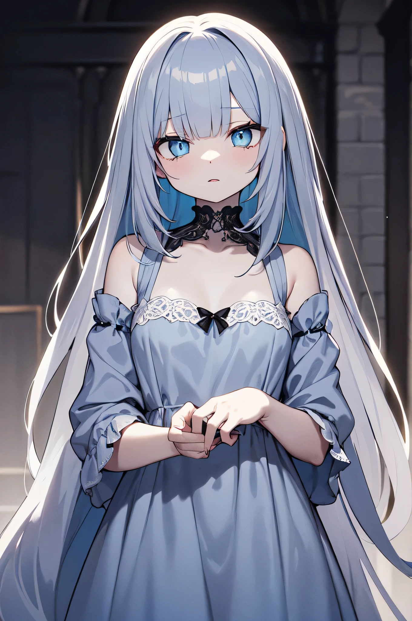 ((cerulean hair)), ((with bangs)),  (((obscenely long hair))), (silky hair), pale grey eyes, grey-blue eyes, multicolored eyes, (gothic nightgown dress), (depth of field), ((beautiful detailed eyes)), 