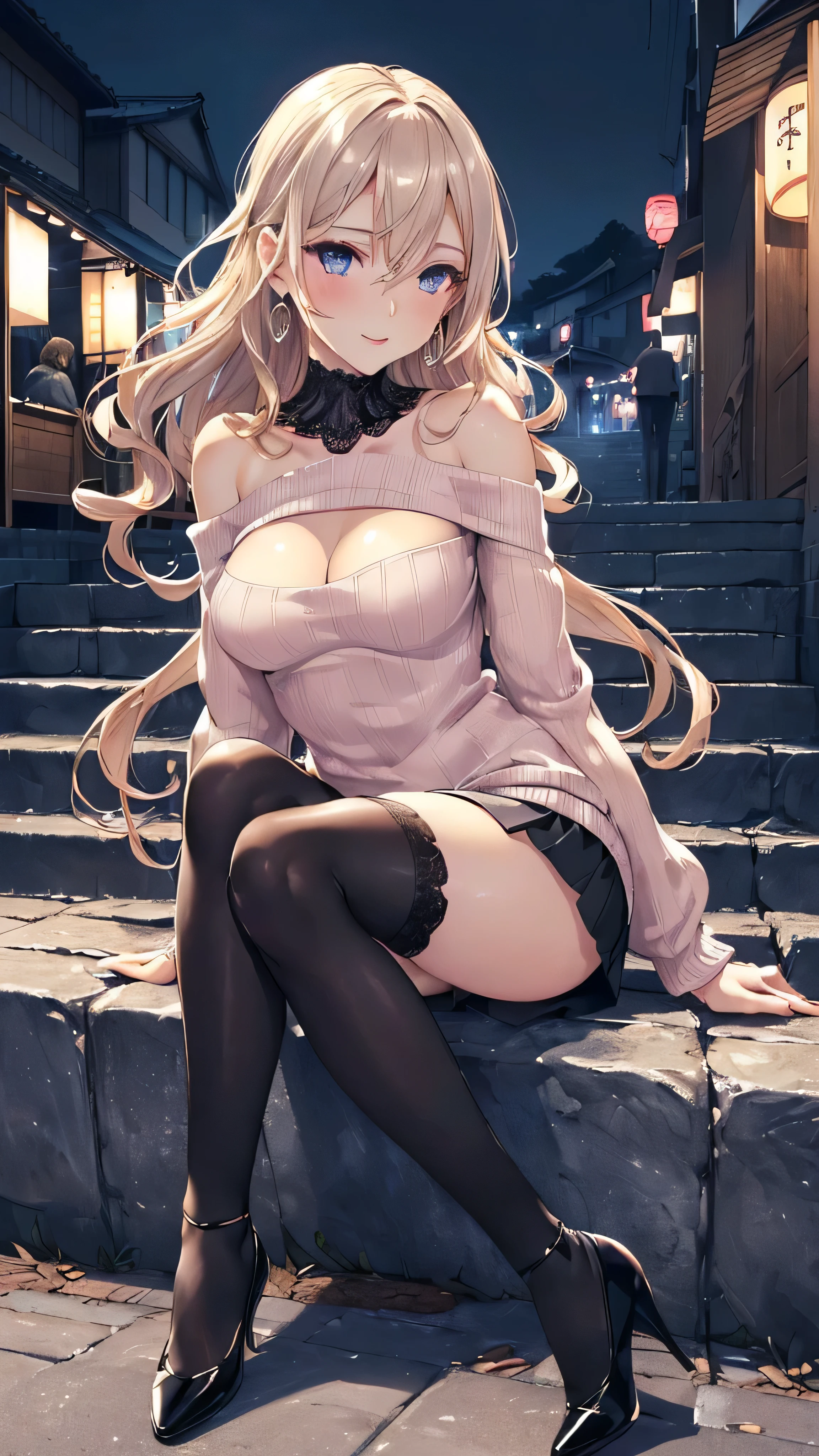 (((ultra high definition))), masterpiece, best quality, 8K, Accurate description, Carefully painted, Meticulous details, ((Festival night market in Japan, night, Quiet corner, Sitting on the stone steps by the roadside)), a girl, White skin, perfect face, (light brown, blowing in the wind, Extra long curly hair), ((cute look)), Detailed depiction of facial features, blue shining eyes, long eyelashes, double eyelids, Exquisite makeup, pink moist shiny lips, Shiny earrings, smile shyly, blush, ((Mature and sexy figure)), Beautiful body, perfect body structure, side boob, Small breasts sagging slightly, ((Oversized light color loose collar sweater, Show one shoulder, open sweater)), (((Black)))Delicate lace and gorgeous lingerie, seductive cleavage, (short skirt, dark stockings, exquisite high heels), (Seductive moves), (Perfectly detailed hand-drawn renderings), (Slender smooth legs), perfect feet, movie lighting, Soft high contrast side lighting, transparency, Cinematic feel, perfect composition, ((full body image)), Rich environmental details, Prominent theme, Overall exposure -1