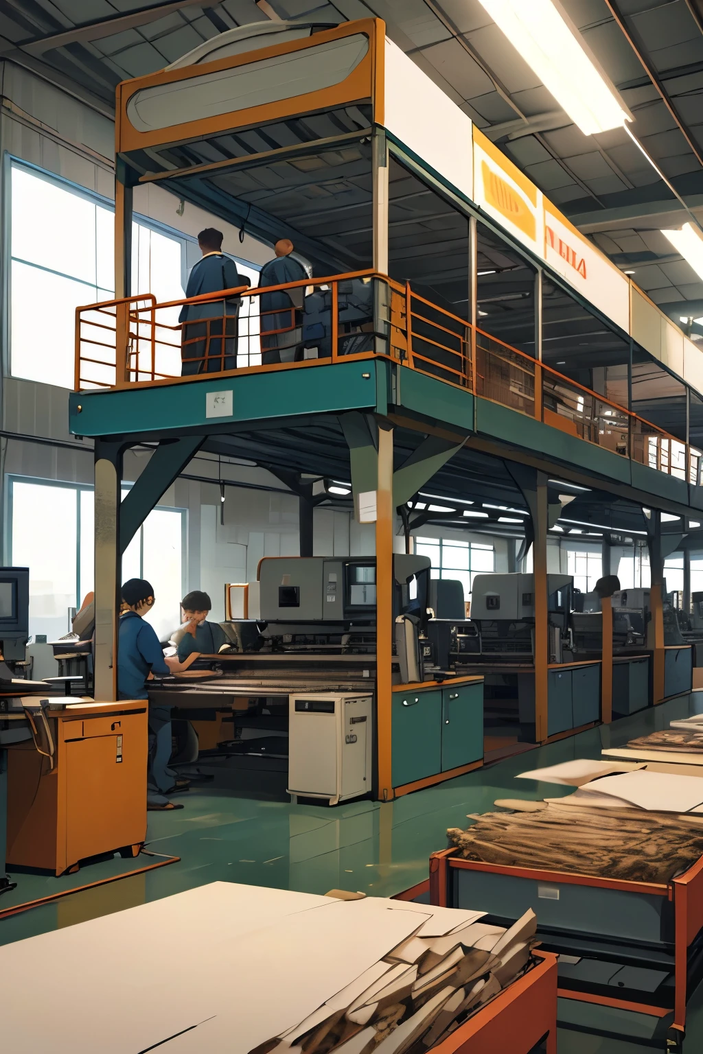 HELLO CAN YOU MAKE AN IMAGE OF A GROUP OF YOUNG PEOPLE WORKING ON A FLEXOGRAPHY MACHINE