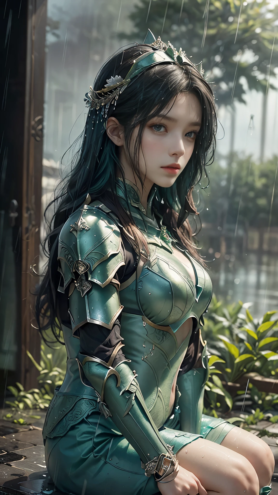 a woman in a green armor, realistic Art Station, (hard raining:1.5), Detailed Fantasy Art, Stunning Character Art, beautiful Exquisite Character Art, Beautiful (green Armor:1.8), Extremely Detailed, green armor Girl, Exquisite Intricate Headdress and Jewellery, sitting,