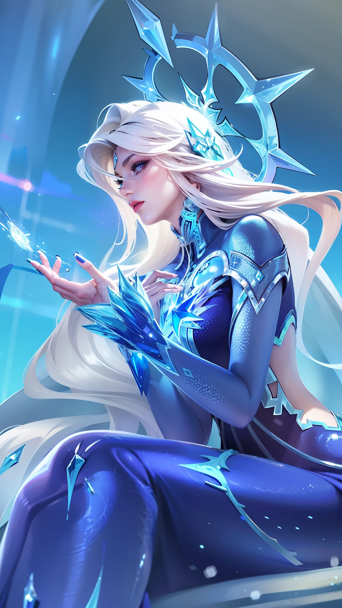 (female:1.2), 8k, ultra hd, ultra detailed texture, hyper realistic, masterpiece, detailed texture, detailed face, detailed skin, detailed lighting, (photorealistic:1.5), best quality, beautiful lighting, cinematic lighting, professional lighting, ultra highres, realistic, detailed hair, real hair, high quality, (realskin:1.5), extremely detailed, finely detail, ultra-detailed, 1girl, solo, blue eyes, v-shapped eyebrow, red lips glossy, nose, make up, pretty, beautiful, long hair, white hair, aurora \(mobile legends\), depth of field, looking viewer, white skin, skin tight, amazing pose, outdoors, glowing, dark view