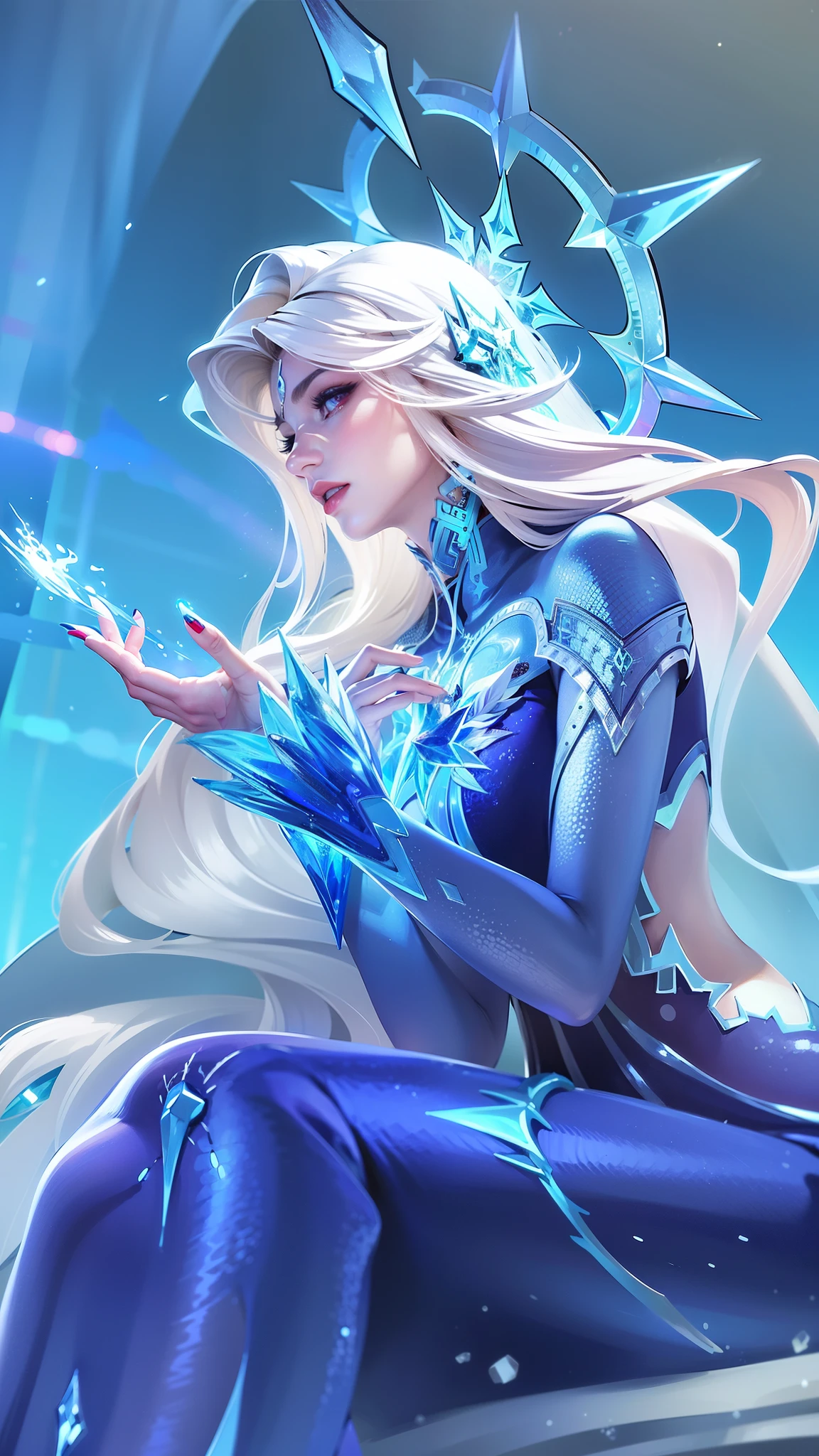 (female:1.2), 8k, ultra hd, ultra detailed texture, hyper realistic, masterpiece, detailed texture, detailed face, detailed skin, detailed lighting, (photorealistic:1.5), best quality, beautiful lighting, cinematic lighting, professional lighting, ultra highres, realistic, detailed hair, real hair, high quality, (realskin:1.5), extremely detailed, finely detail, ultra-detailed, 1girl, solo, blue eyes, v-shapped eyebrow, red lips glossy, nose, make up, pretty, beautiful, long hair, white hair, aurora \(mobile legends\), depth of field, looking viewer, white skin, skin tight, amazing pose, outdoors, glowing, dark view