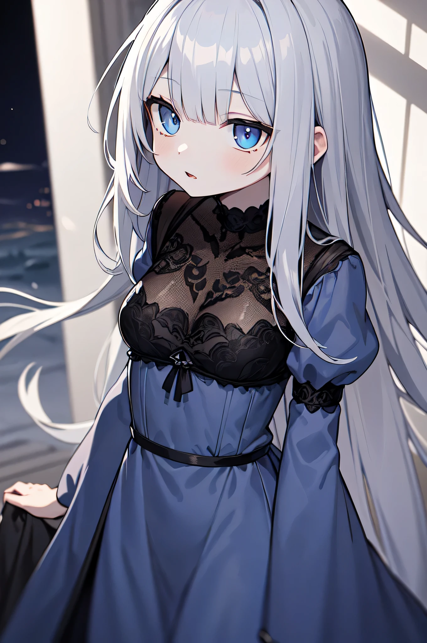 ((azure hair)), ((with bangs)),  (((obscenely long hair))), (silky hair), pale grey eyes, grey-blue eyes, multicolored eyes, (gothic nightgown dress), (depth of field), ((beautiful detailed eyes)), 