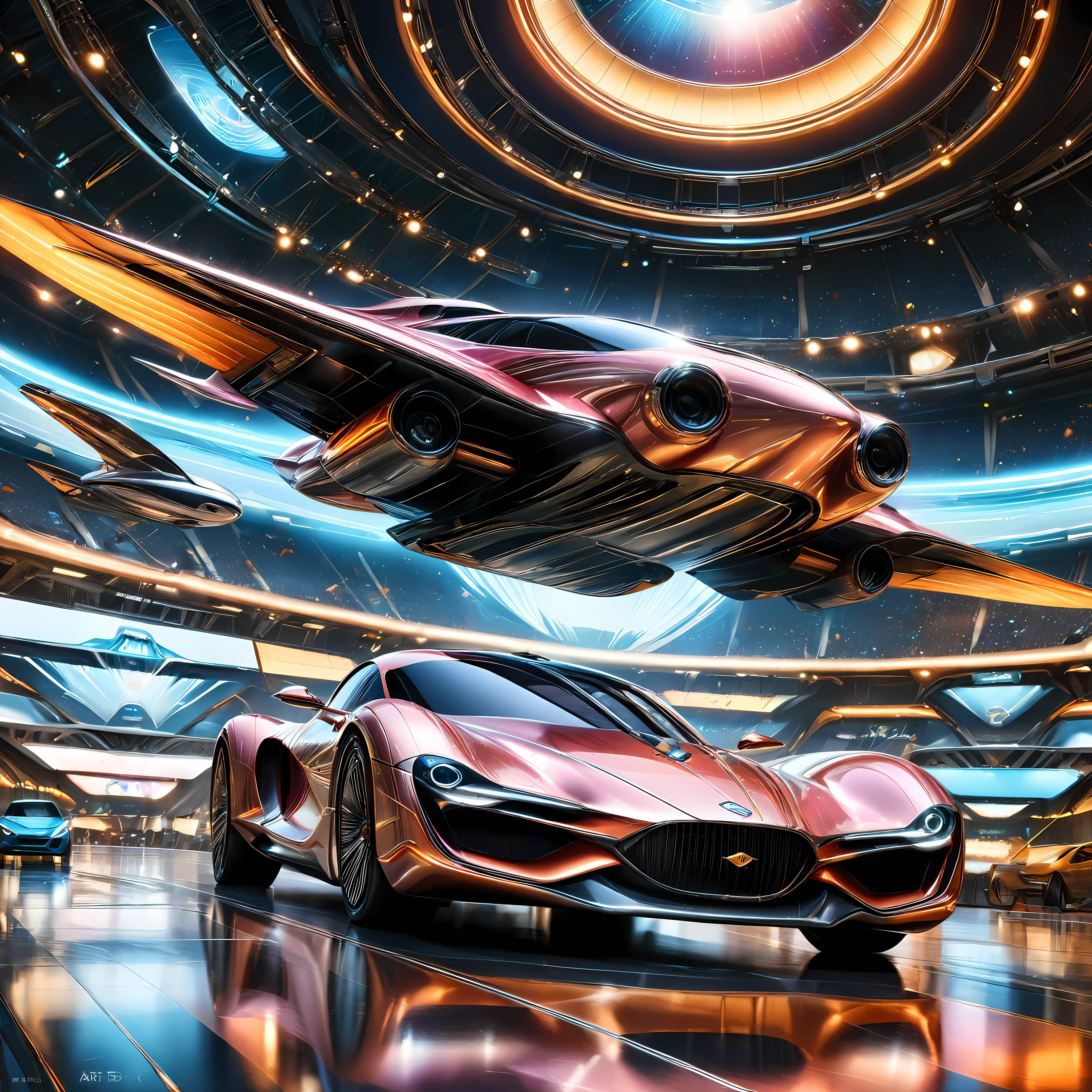 ((art deco style flying car):1.5), art deco style science fiction, futuristic race, flying car race, background is futuristic stadium, ((futuristic stadium):1.2)
(best quality,4k,8k,highres,masterpiece:1.2),ultra-detailed,(realistic,photorealistic,photo-realistic:1.37),HDR,UHD,studio lighting,ultra-fine painting,sharp focus,physically-based rendering,extreme detail description,professional,vivid colors,bokeh.
All captured with sharp focus. Rendered in ultra-high definition with UHD and retina quality, this masterpiece ensures anatomical correctness and textured skin with super detail. With a focus on high quality and accuracy, this award-winning portrayal captures every nuance in stunning 16k resolution, immersing viewers in its lifelike depiction. Avoid extreme angles or exaggerated expressions to maintain realism.
((perfect_composition, perfect_design, perfect_layout, perfect_detail, ultra_detailed)), ((enhance_all, fix_everything)), More Detail, Enhance.