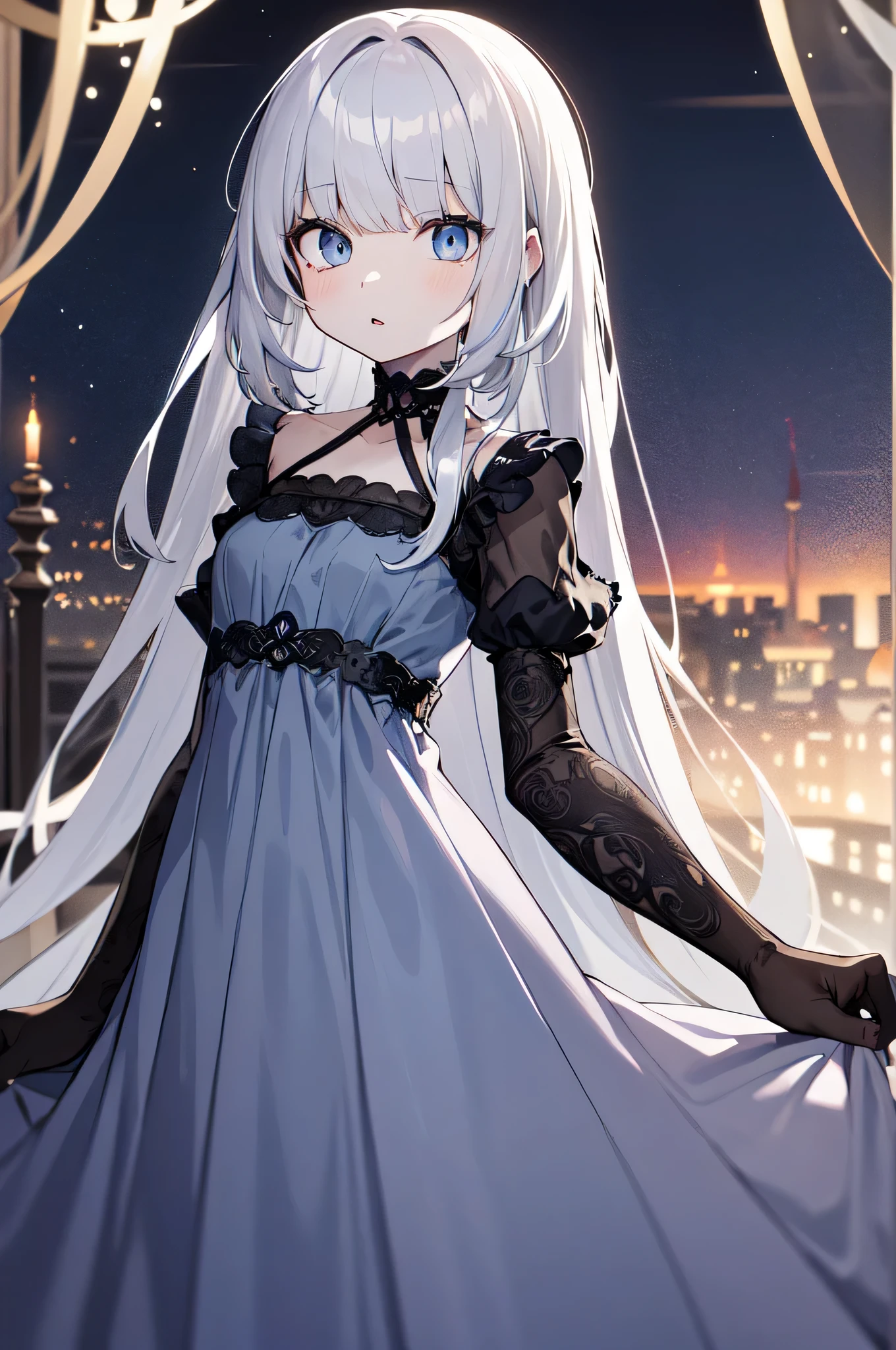 ((azure hair)), ((with bangs)),  (((obscenely long hair))), (silky hair), pale grey eyes, grey-blue eyes, multicolored eyes, (gothic nightgown dress), (depth of field), ((beautiful detailed eyes)), 