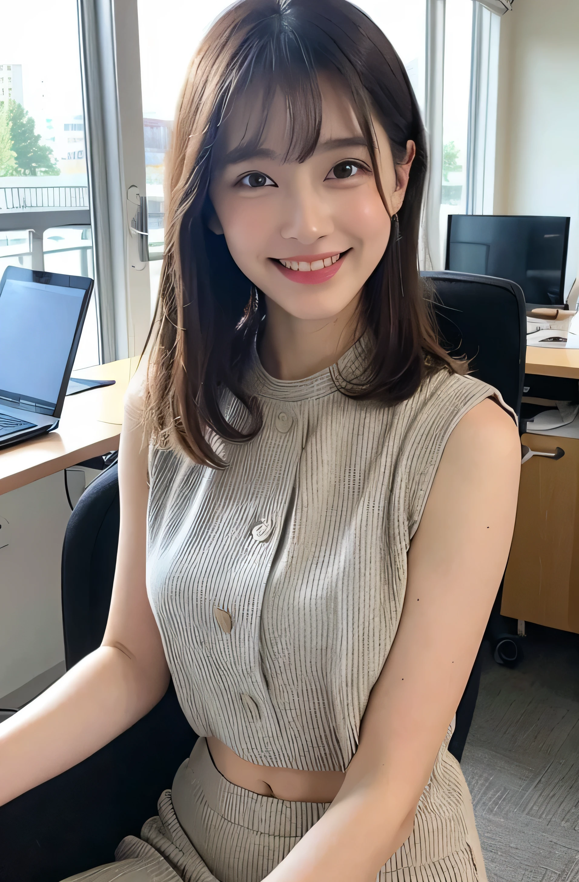 8K、highest quality、masterpiece、超A high resolution、photograph、beautiful japanese woman、 grace、There are some good ones too、A transparent atmosphere、beautiful face、Raised corners of the mouth、smile gently、gradient lighting、1 girl、delicate skin、look far away、brown eyes、short hair with bangs、big breasts、face to face with the children、 Folded pattern mock neck blouse、cut out、pleats、sleeveless、round neck、pleats、white blouse、trimmed length、pleats、high waist、high waist、I can see your stomach、very big bust、Please look away、office、There are many computers lined up、There are many desks、大規模office、file exists、big ass、a little chubby、blow your bangs to the side、style your hair properly、please show me your ears、hold a file in hand、The skirt is short so you can see the thighs,、Futomo、high waist、