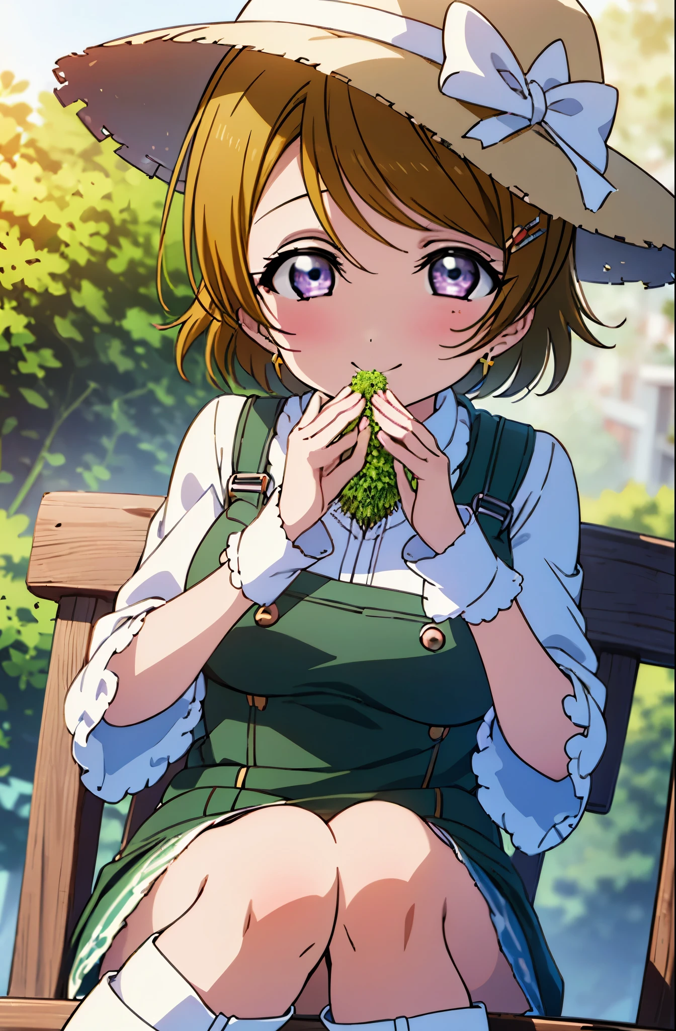 (((pixel perfect, Perfect in every detail))), alone, 1 girl, Hanayo Koizumi, brown hair,short hair,purple eyes,looking at the viewer, smile,straw hat、big breasts,sitting in a chair,eat rice balls with both hands,concealment of work　overalls,rice planting boots,Paddy field,Sunny,countryside,(masterpiece:1.2), highest quality, High resolution, unity 8k wallpaper, (shape:0.8), (beautiful and detailed eyes:1.6), highly detailed face, perfect lighting, Very detailed CG, (perfect hands, perfect anatomy),