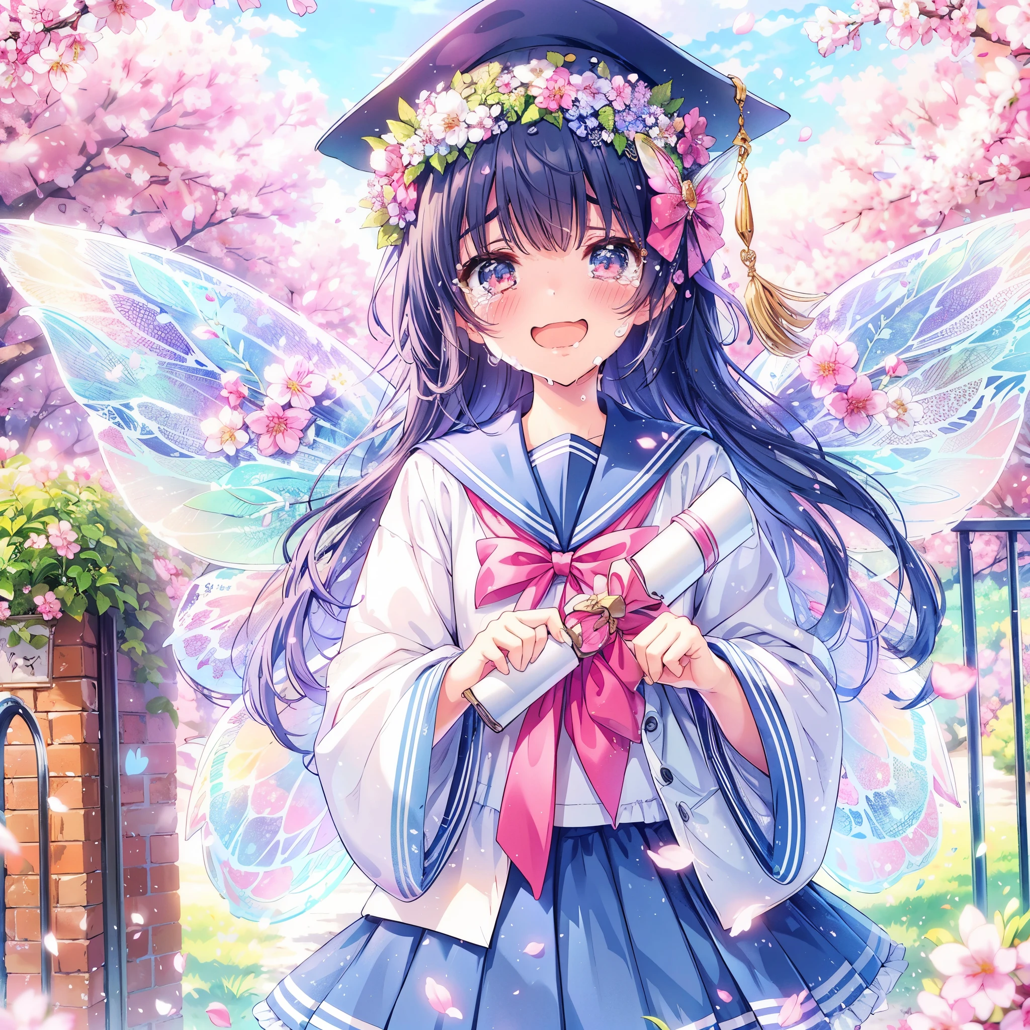 (Masterpiece, best quality), 1girl, solo, Spring, cherry blossoms in full bloom, a fairy girl with transparent colorful fairy wings, wearing a sailor uniform, holding a ribbon tied (((paper scroll))) in both hands, standing in front of the school gate, laughing and shedding tears. Gorgeous pastel colors, (fairy wings), outdoors, school uniform, serafuku, cherry blossoms, flower, blush, (smile:1.4), (tears:1.3), tree, hair ornament, shirt, petals, holding, sailor collar, looking at viewer