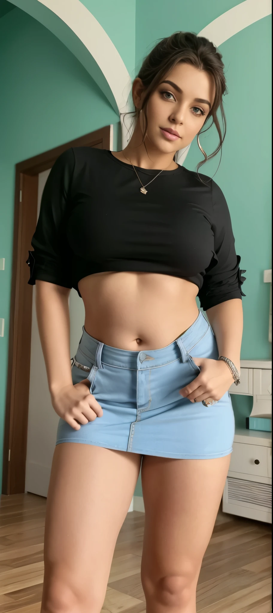 Mulher de camisa preta e saia azul posando para foto, ela tem uma barriga redonda e gorda, tocando suas roupas, her belly button is exposed, her hand is on her waist, cintura - tiro, usando um top cropped sexy, umbigo aparecendo, barriga exposta, roupas reveladoras, quadris largos, her belly is fat and round