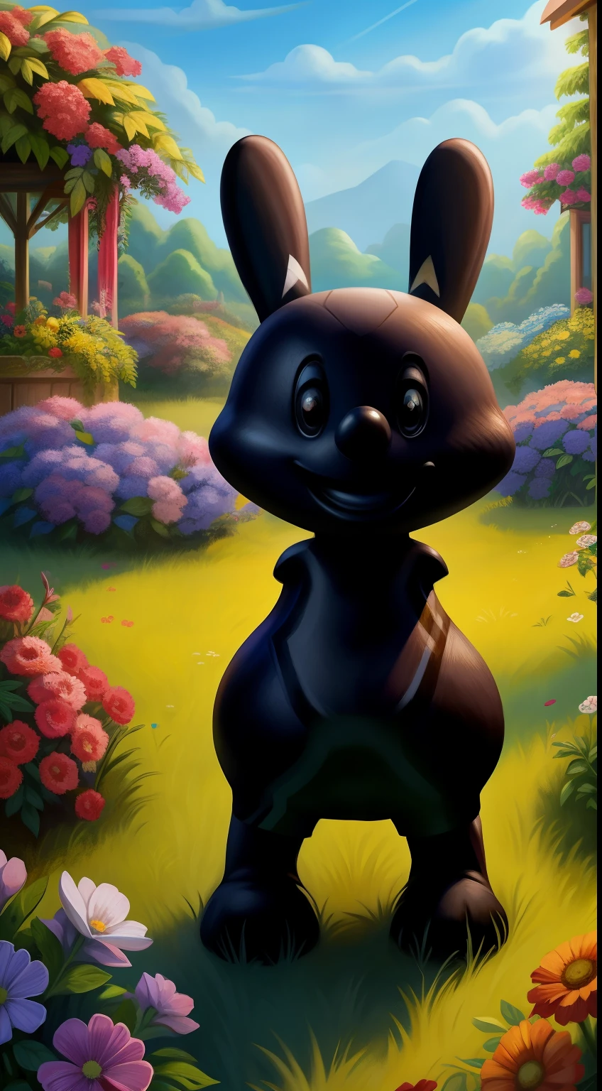 A happy Oswald with vibrant colors, beautiful detailed eyes, detailed lips, and an extremely detailed face, surrounded by a colorful garden. The artwork is created using a combination of illustration and painting techniques. The additional details include flowers in full bloom, a clear blue sky, and a gentle breeze. The image is of the best quality, with ultra-detailed features and a realistic, photorealistic style. The color tones are bright and vivid, with warm tones dominating the scene. The lighting is soft and evenly distributed, enhancing the cheerful atmosphere.