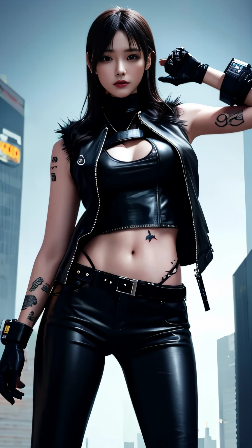 (highest quality),masterpiece,Super detailed,8K, UHD,Beautiful woman,japanese woman,No expression,whole body,((tattoo)),slim,black leather pants,black leather vest,(female mafia),gangster,(cyberpunk city),night,cinematic lightening,underworld