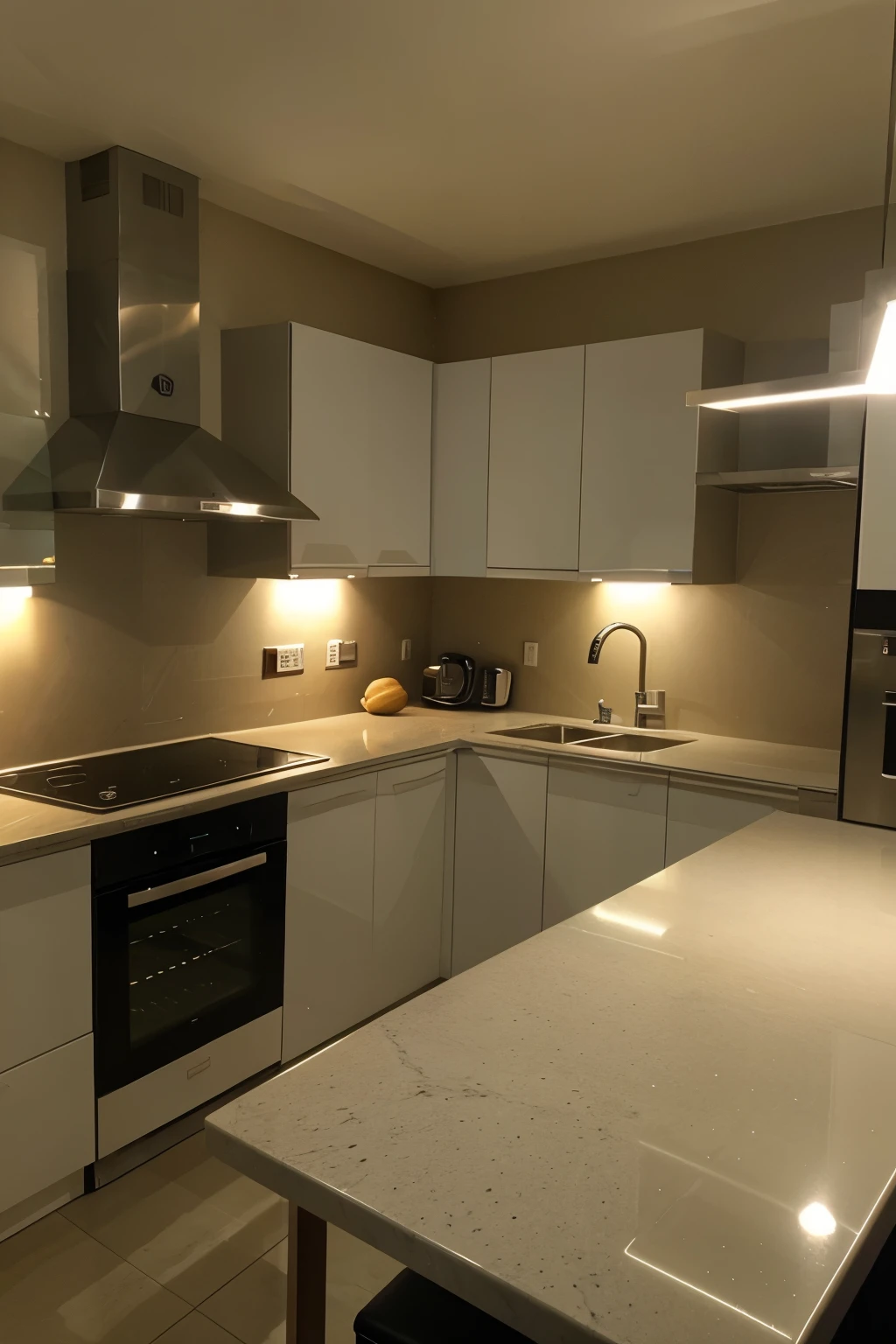 cozinha retangular ( madeira e bege), bem decorada, night lighting, moveis compactos e funcionais ( medeira e bege),