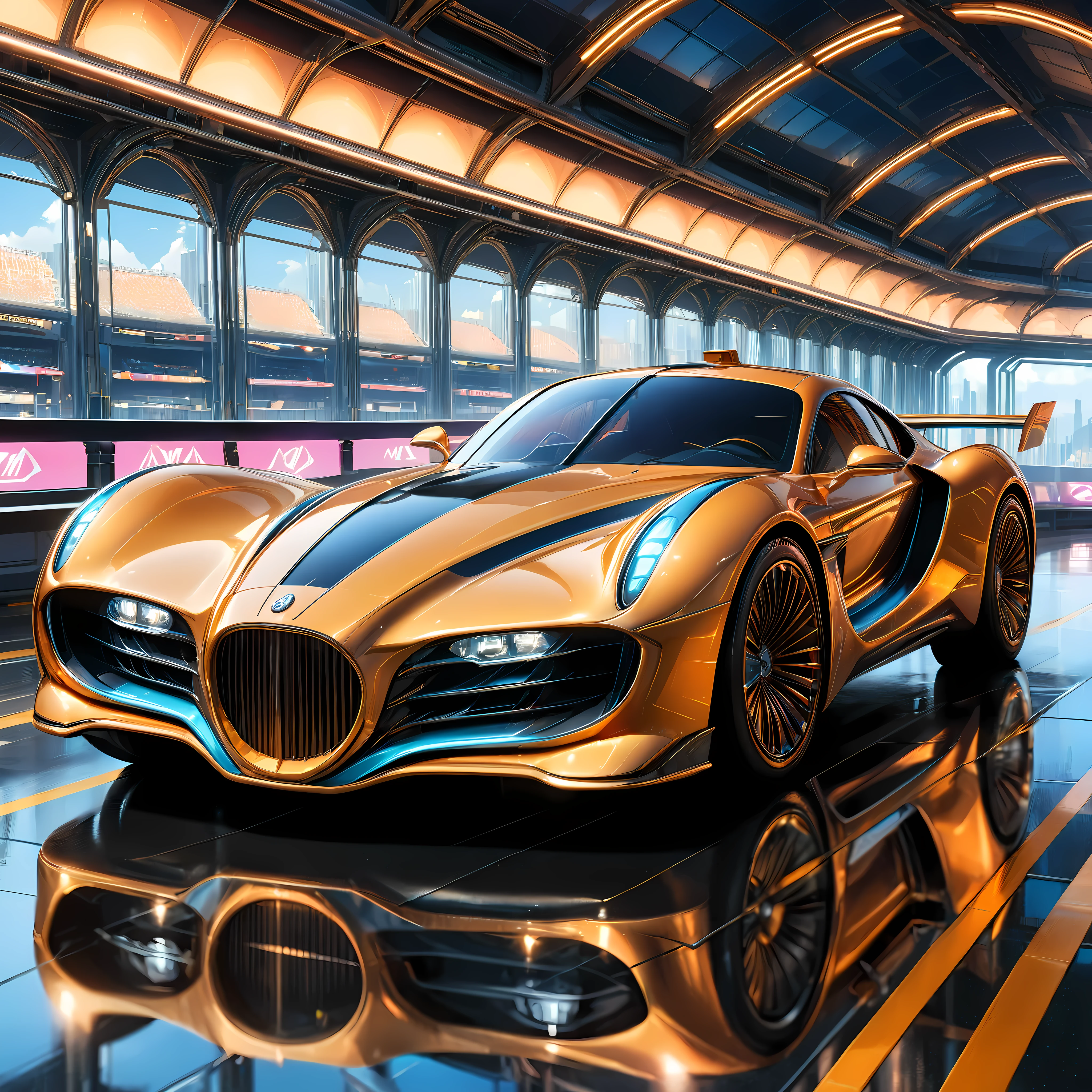 ((art deco style flying race car):1.5), art deco style science fiction, background is futuristic stadium, ((futuristic stadium):1.2) (best quality,4k,8k,highres,masterpiece:1.2),ultra-detailed,(realistic,photorealistic,photo-realistic:1.37),HDR,UHD,studio lighting,ultra-fine painting,sharp focus,physically-based rendering,extreme detail description,professional,vivid colors,bokeh.

All captured with sharp focus. Rendered in ultra-high definition with UHD and retina quality, this masterpiece ensures anatomical correctness and textured skin with super detail. With a focus on high quality and accuracy, this award-winning portrayal captures every nuance in stunning 16k resolution, immersing viewers in its lifelike depiction. Avoid extreme angles or exaggerated expressions to maintain realism.