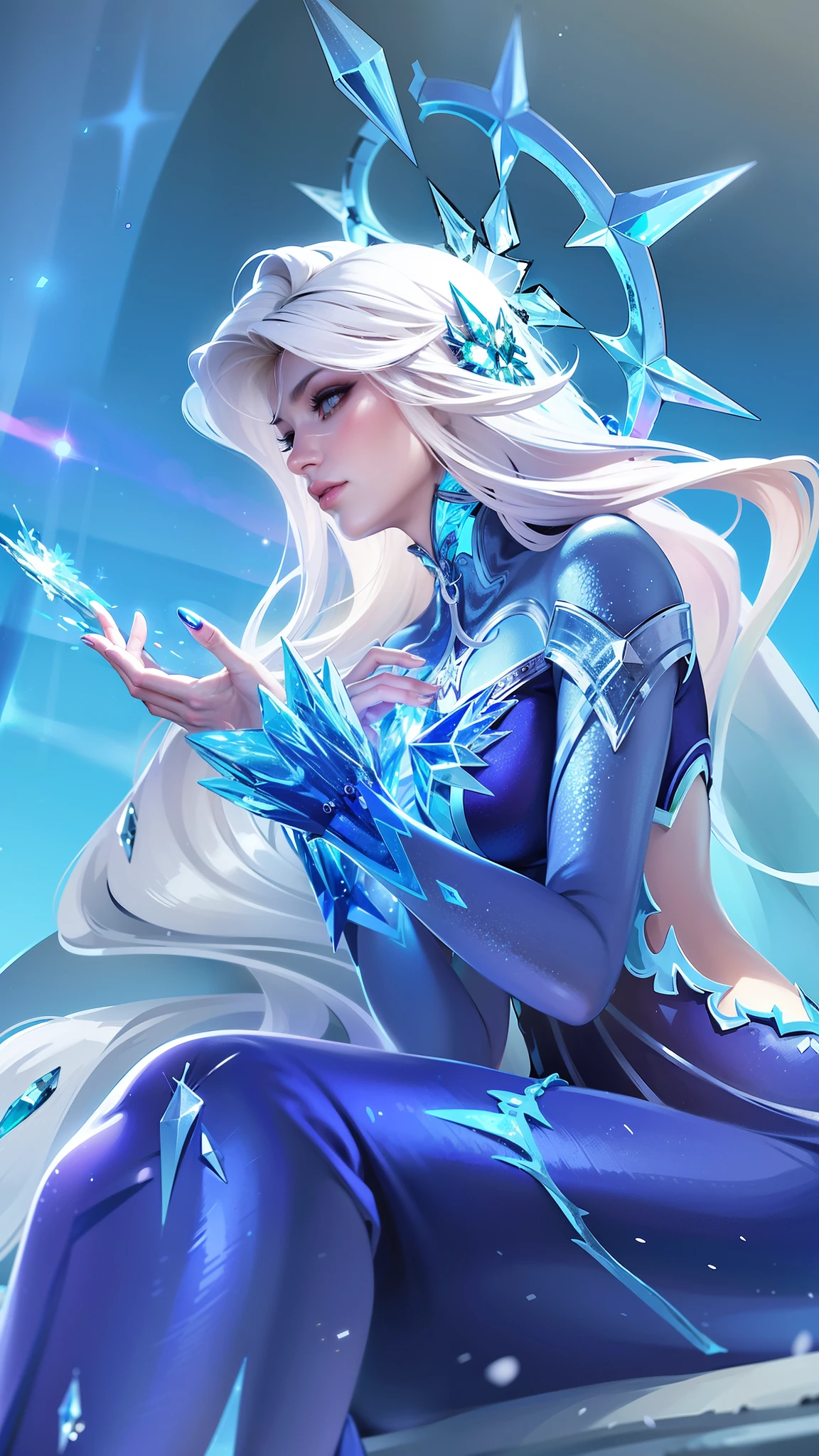there is a woman sitting on a rock with a crystal in her hand, ice sorceress, queen of ice and storm, ice mage, ice queen, crystalline skin, beautiful ancient frost witch, ice spell, goddess of winter, beautiful celestial mage, crystal maiden, ig model | artgerm, extremely detailed artgerm, artgerm detailed