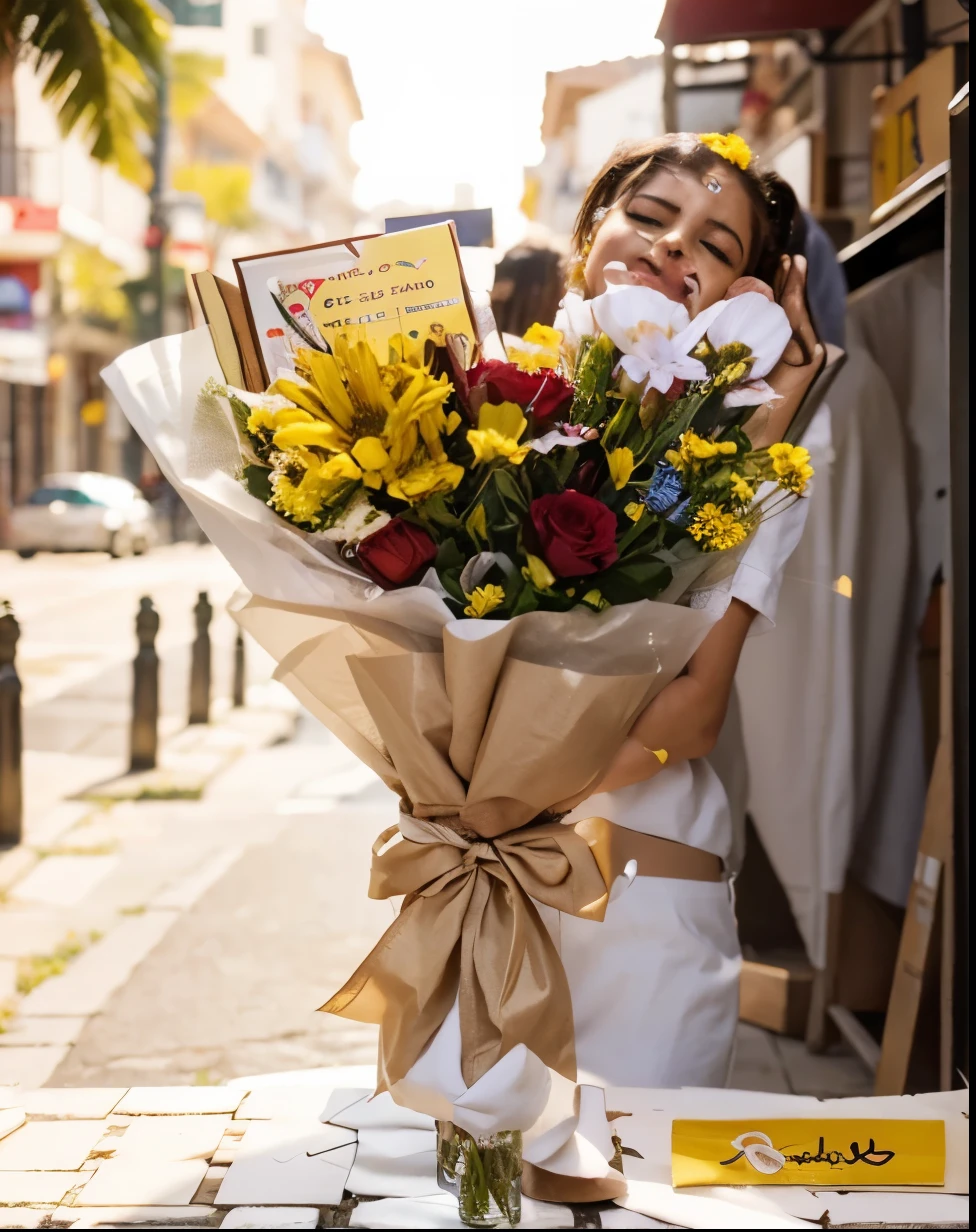 Genera un ramo de flores amarillas con una tarjeta que diga "Kelly Pérez Lanos I LOVE YOU" EN LETRA Grande