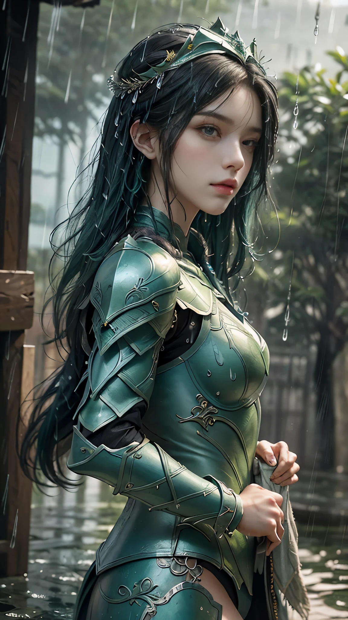 a woman in a green armor, realistic Art Station, (hard raining:1.5), Detailed Fantasy Art, Stunning Character Art, beautiful Exquisite Character Art, Beautiful (green Armor:1.8), Extremely Detailed, green armor Girl, Exquisite Intricate Headdress and Jewellery, selfie pose,