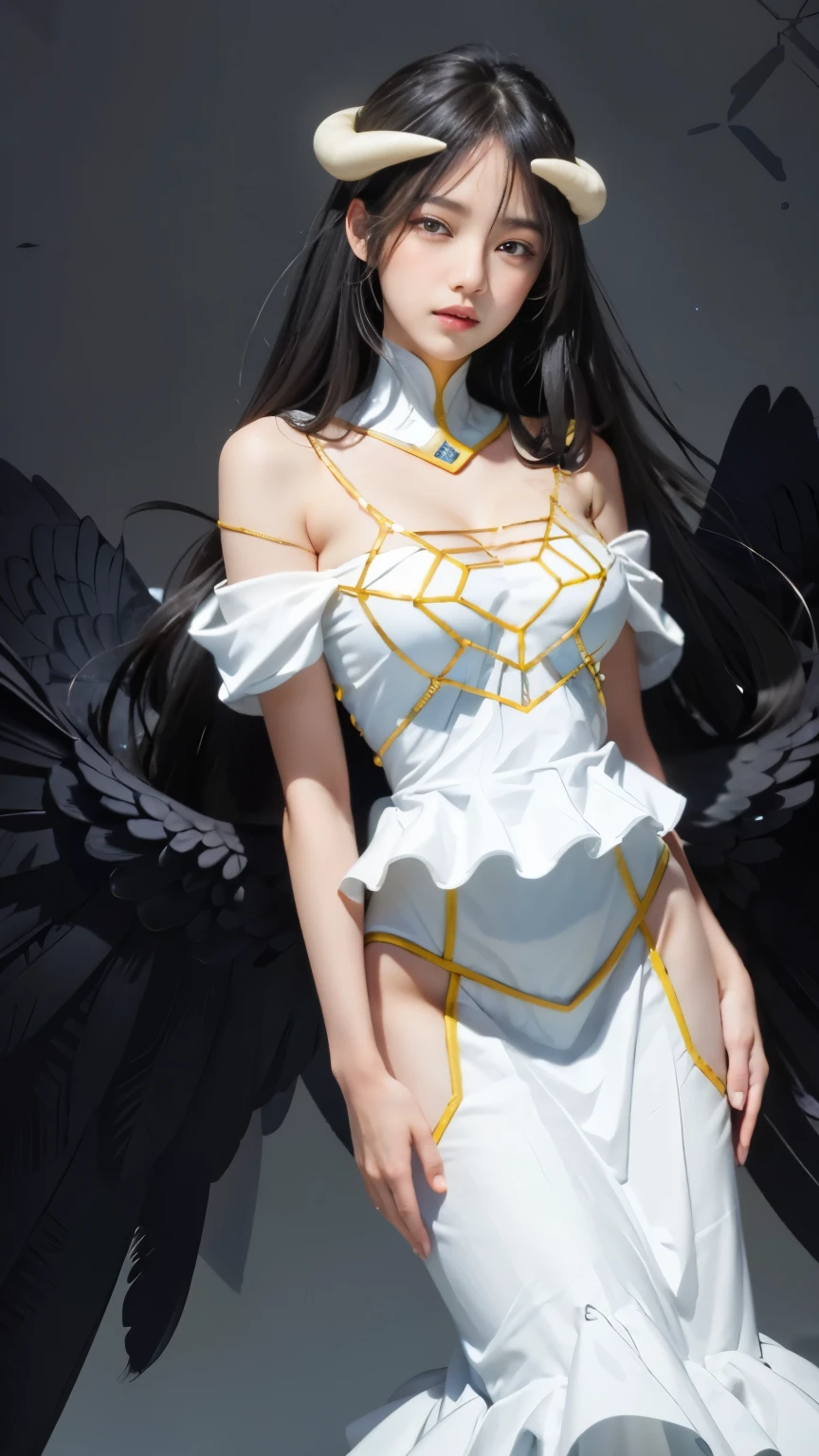 Masterpiece, Best quality, Ultra-detailed, illustration, epic lighting, Cinematic composition, isometry,(hexagons:1.2), 1girll, Horns, Solo, Yellow eyes, Black hair, Long hair, (Low wing:1.2), Large cleavage, Bare shoulders, hair between eye, Medium breasts, (White dress:1.1), Golden decoration, Detached collar, view the viewer, Semi-closed Eyes, (view the viewer:1.1), parted lip, Blush, Black feathers fall, Arena, particle fx, (8K:1.1)