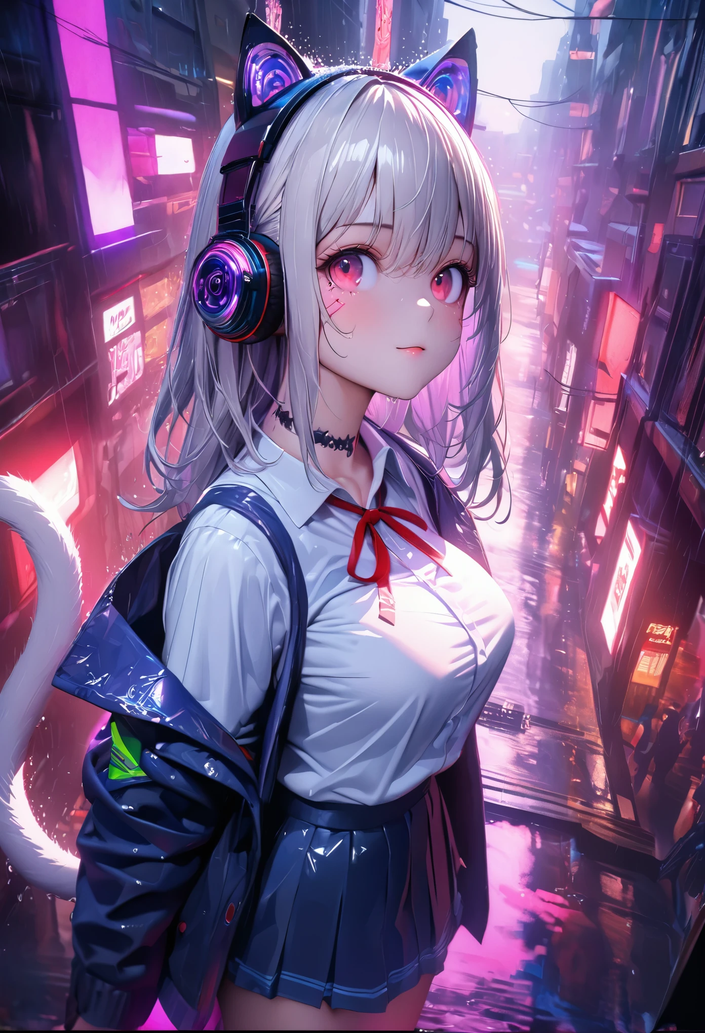 (masterpiece:1.3), (8K、best quality:1.3), Highest image quality, intricate details, high resolution, depth field, Natural light, professional lighting, (1 girl), (solo), gravure, (Asian boyish 18 year old girl), (very beautiful:1.3), (very cute face:1.3), (Beautiful face with perfect symmetry), (high detail skin: 1.2), Photorealistic anime girl rendering, Realistic anime 3D style, beautiful platinum blonde hair, long hair, crossed bangs, asymmetrical bangs, eyelashes, intense red eyes, strong eye highlights, (awesome cat ears:1.3), (awesome cat tail:1.3), very big breasts, perfect , ((red ribbon tie, Japan High School Uniforms, dark blue long sleeve jacket, white shirt, navy blue flared skirt, mini skirt)), ((Camera angle looking up from the front and slightly below)), decorative choker, (sophisticated headphones), (metallic bra), (Looking back, look up at the camera), it&#39;s raining, my body gets wet from the rain, Decadent and futuristic urban area in the evening, (cyberpunk city), (futuristic car, flashing red light), (lightning is shining), (Flashing blue and purple neon tubes), volume lighting, soft light, Bright colors, watercolor painting, bright colors, Create digital artwork in pop art style
