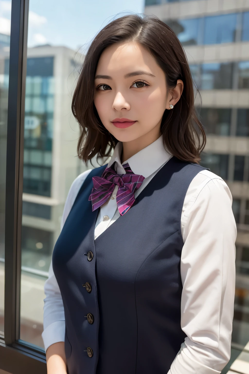 1 girl, mature woman, vest, bow, photograph, realistic, highest quality, hire, detailed face, office, building from the window, detailed background, diffused sunlight, Depth of the bounds written, Bokeh