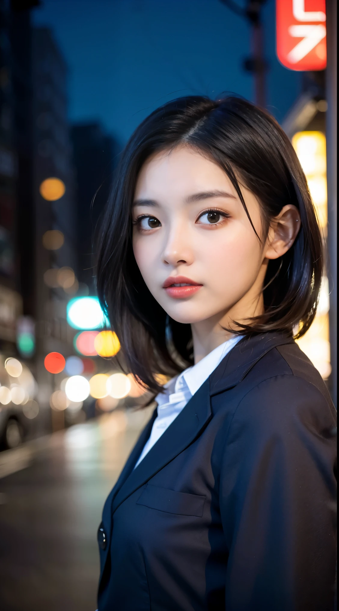 1girl,(school uniform,japan,medium hair black hair, ),(RAW photo, best quality), (realistic, photo-realistic:1.4), masterpiece, an extremely delicate and beautiful,, photography, extremely detailed, kodak Portra 400,film grain,2k wallpaper, Amazing, finely detail, extremely detailed CG unity 8k wallpaper, ultra-detailed, highres, soft light, beautiful detailed girl, extremely detailed eyes and face, beautiful detailed nose, beautiful detailed eyes,cinematic lighting,city lights at night,street