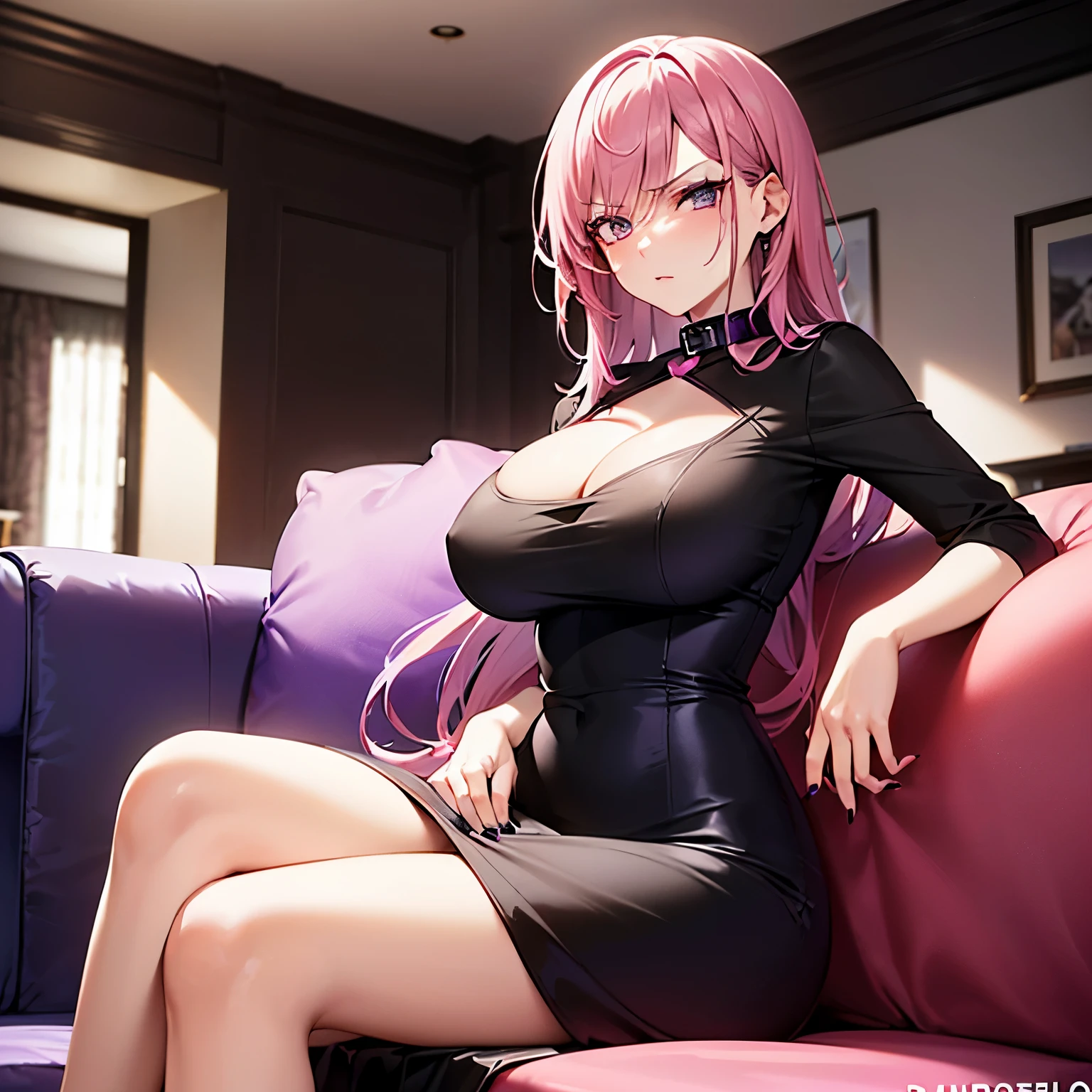 1 woman, mature, busty, beautiful, tall, attractive, MILF, ((Long pink purple ombre hair))((pink purple ombre hair)), ((violet eyes))((purple nails)), ((Woman wear black dress, black collar)), ((living room, sitting on sofa)), looking at viewer, angry, crossing legs, 8k, masterpiece, ray tracing