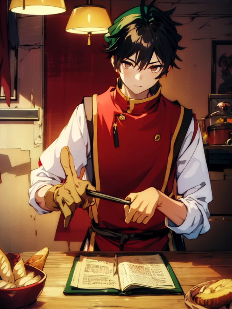 detailed background, detailed eyes, masterpiece, absurd quality, ghibli background,1boy, male, solo, young adult, medium hair length, black hair color, red highlights in hair, deep amber eye color, calm expression, red chinese clothes, red sleeves, yellow pants, green headband, chinese indoors, chinese kitchen, chinese cooking, china town, bread, eating bread, pan, pastel