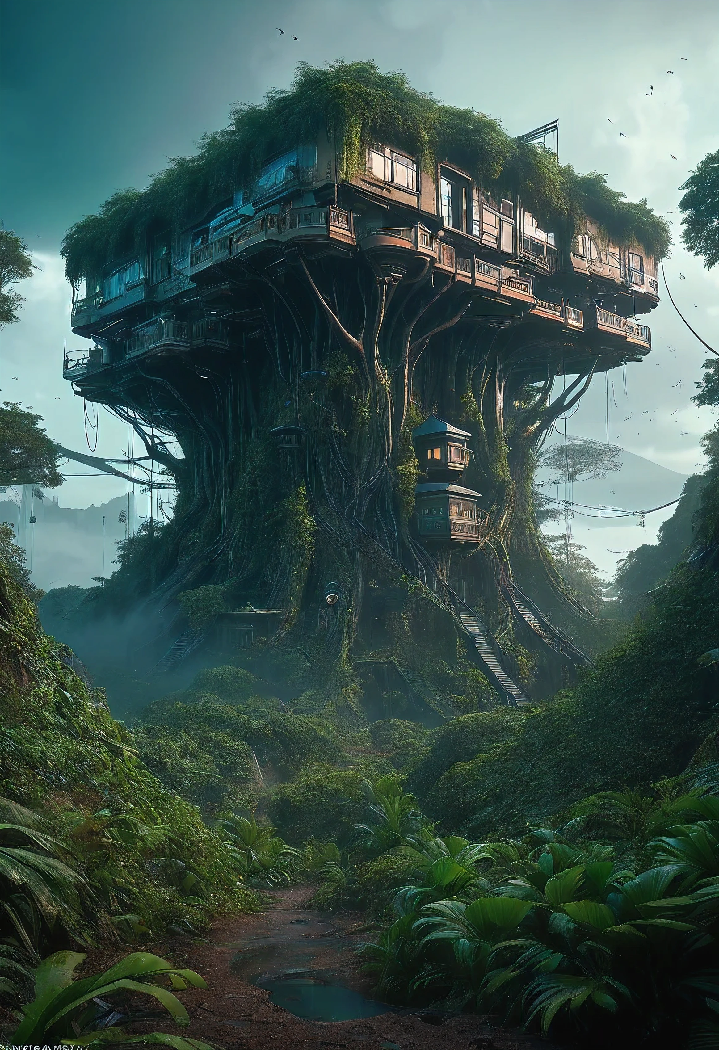 (cyberpunk style)), Hi-Tech city, mechanical enhancement, (high-tech fantasy), robotics, blade runner 2049, Ghost In The Shell, ultra realistic,, background in jungle Futuristic Citizens in the style of Photo real, hyper-realistic, high dynamic range, rich colors, lifelike textures, 8K UHD, high color depth, Nikon D 850, Kodak Portra 400, Fujifilm X Imagine a world where time and reality are twisted into an otherworldly landscape, much like the surreal and gothic scenery in the provided image. The video opens on a vast, desolate expanse where colossal tree-like structures rise from the ground, their branches morphing into intricate patterns that defy nature's laws. Sinister skulls and all-seeing eyes adorn the grooves of the woodwork, while an enormous clock ticks backwards, its hands moving in reverse as if unwinding the fabric of time. The sky is a tapestry of tumultuous clouds that churn in fast-forward, casting unsettling shadows over the barren, maze-like terrain below. Every texture is hyper-detailed, resembling a high-definition painting that pulsates with an ominous energy. The colors are muted yet profound, with deep blues and greens contrasting against the copper tones of the twilight sky. In this brief but hauntingly beautiful animation, the essence of the painting is brought to life, encapsulating a universe where gothic fantasy and temporal enigmas reign supreme