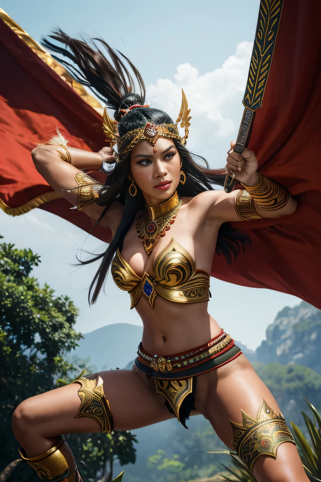 (best quality,4k,8k,highres,masterpiece:1.2),ultra-detailed,realistic,beautiful Indonesian woman warrior,expressive eyes,painted face,detailed warrior attire,intricate headdress,golden jewelry,dazzling sword,speaking power and strength,ancient traditions and culture,passionate and fearless fighter,commanding presence in the battlefield,mythical and mystical elements,rich colors of the Indonesian landscape,dramatic lighting,traditional Indonesian motifs,traditional weapons and armor,tribal markings on the body,graceful movements,warrior surrounded by lush tropical forest and exotic animals,embodying the spirit of the Indonesian warrior legends