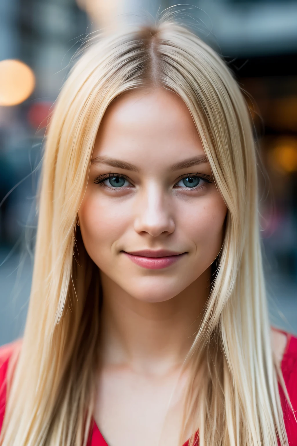 A photoromantic close-up portrait of a Swedish girl in her early twenties, exuding sex appeal and photogenic charm. The image is captured in extremely high quality, with RAW color offering rich hues and vibrant detail. The mood is set in a cityscape backdrop, where the atmosphere is dark and intense, yet balanced with subtle smiling and candid moments. The Sony A7iii effect infuses soft lighting, casting a gentle glow on her face, and the cold tones damper any excess warmth. The depth of field effect is crucial, keeping her detailed facial features in focus while softly blurring the background lights. Her blonde hair frames her face, casually tucked behind an ear, and her elegant